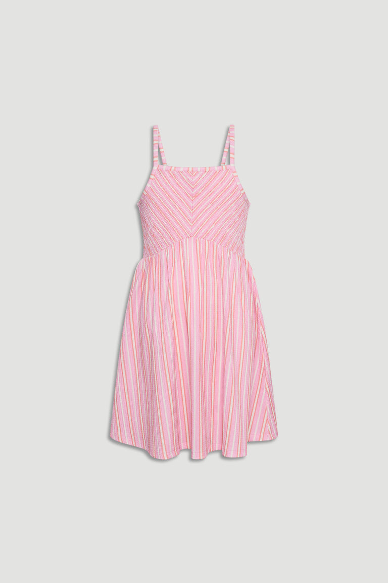 Pink and white striped girls dress with shirred bodice and thin shoulder straps in a light, airy fabric
