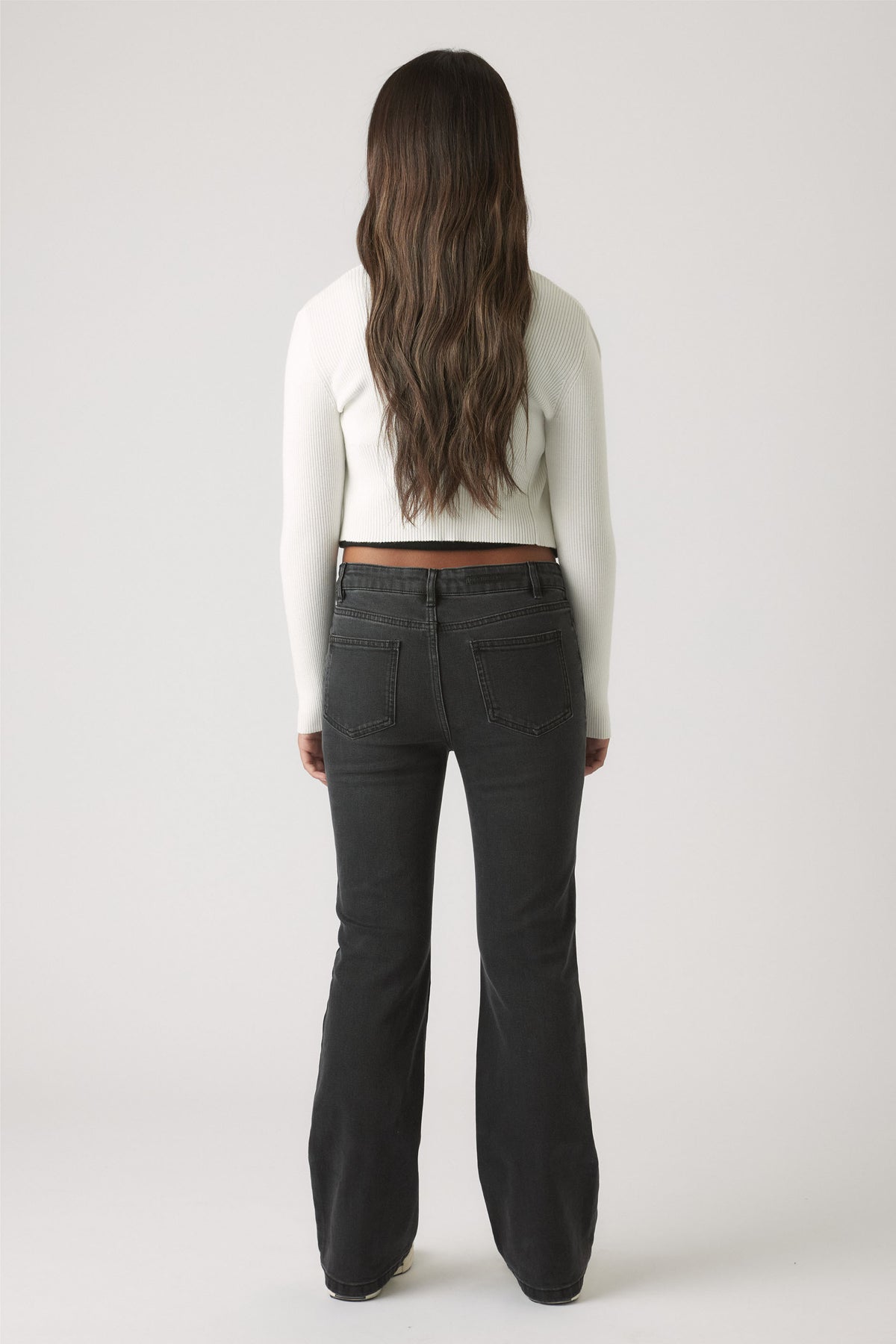 Girls Lucy Flare Jean in dark charcoal denim with a flattering flare leg and mid-rise fit by DECJUBA Australian fashion brand