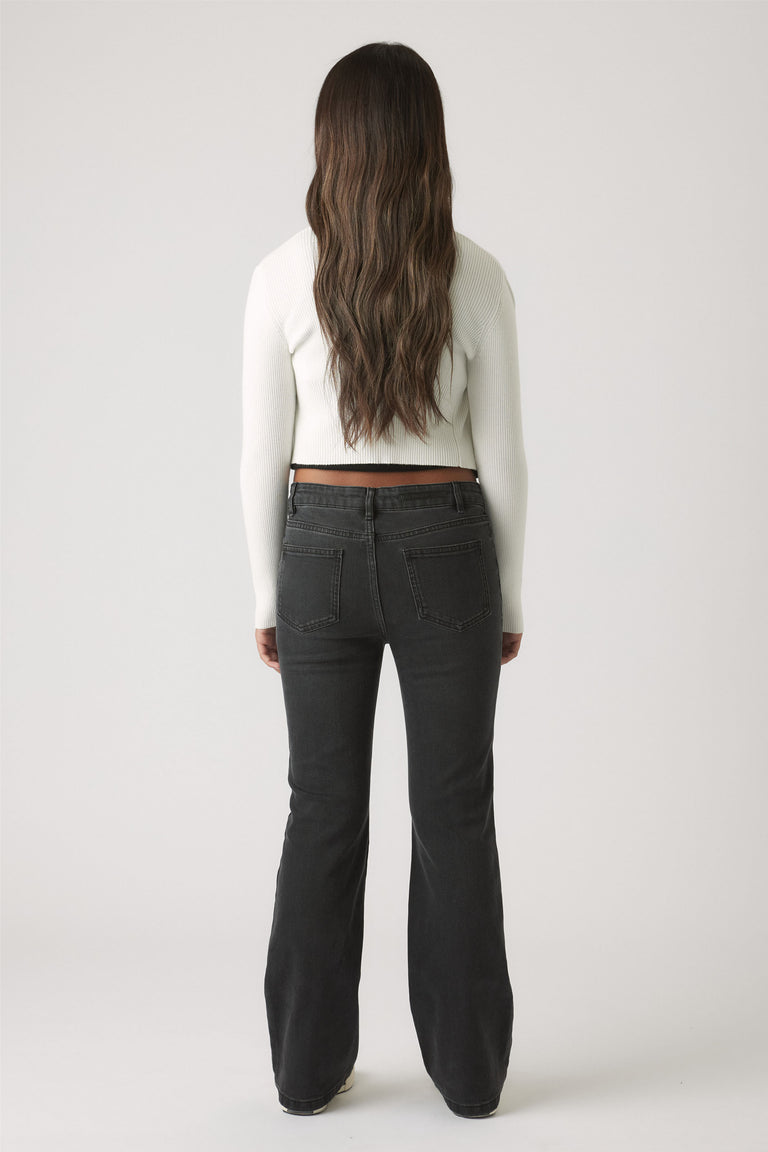 Girls Lucy Flare Jean in dark charcoal denim with a flattering flare leg and mid-rise fit by DECJUBA Australian fashion brand