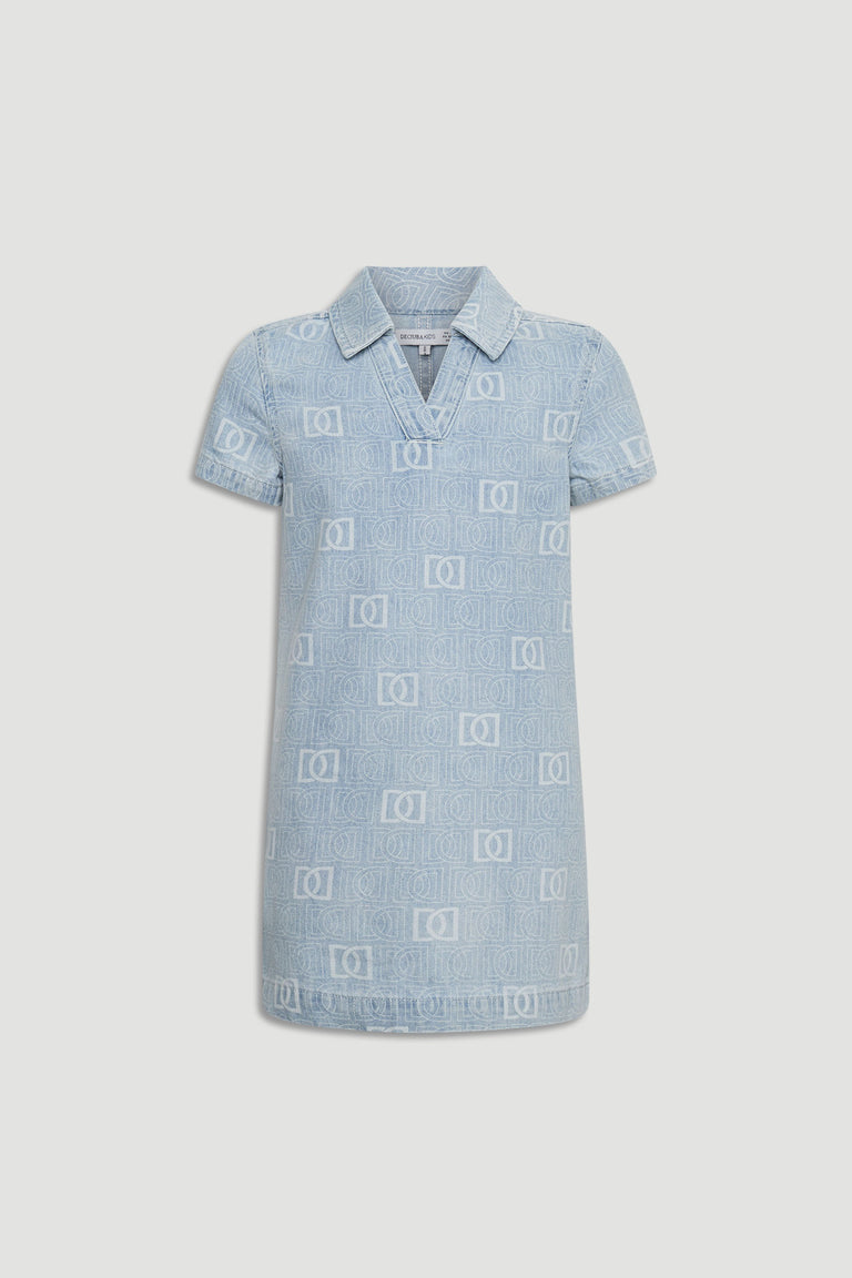 Light blue girls denim dress with short sleeves, collar, and subtle all-over textured logo pattern.