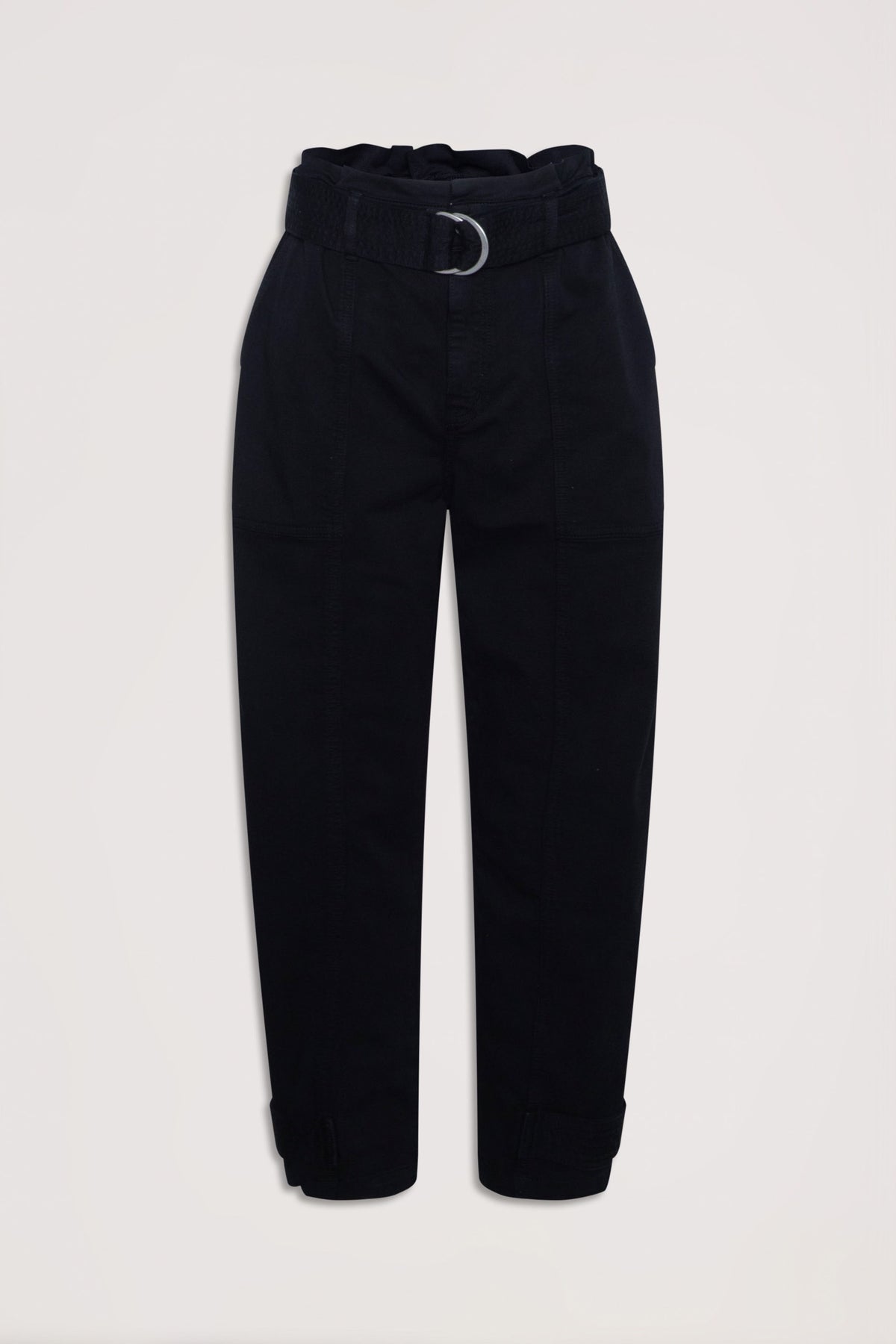 Black high-waisted pull-on pants featuring a fabric belt with metal buckle and tapered cuffs for a tailored look