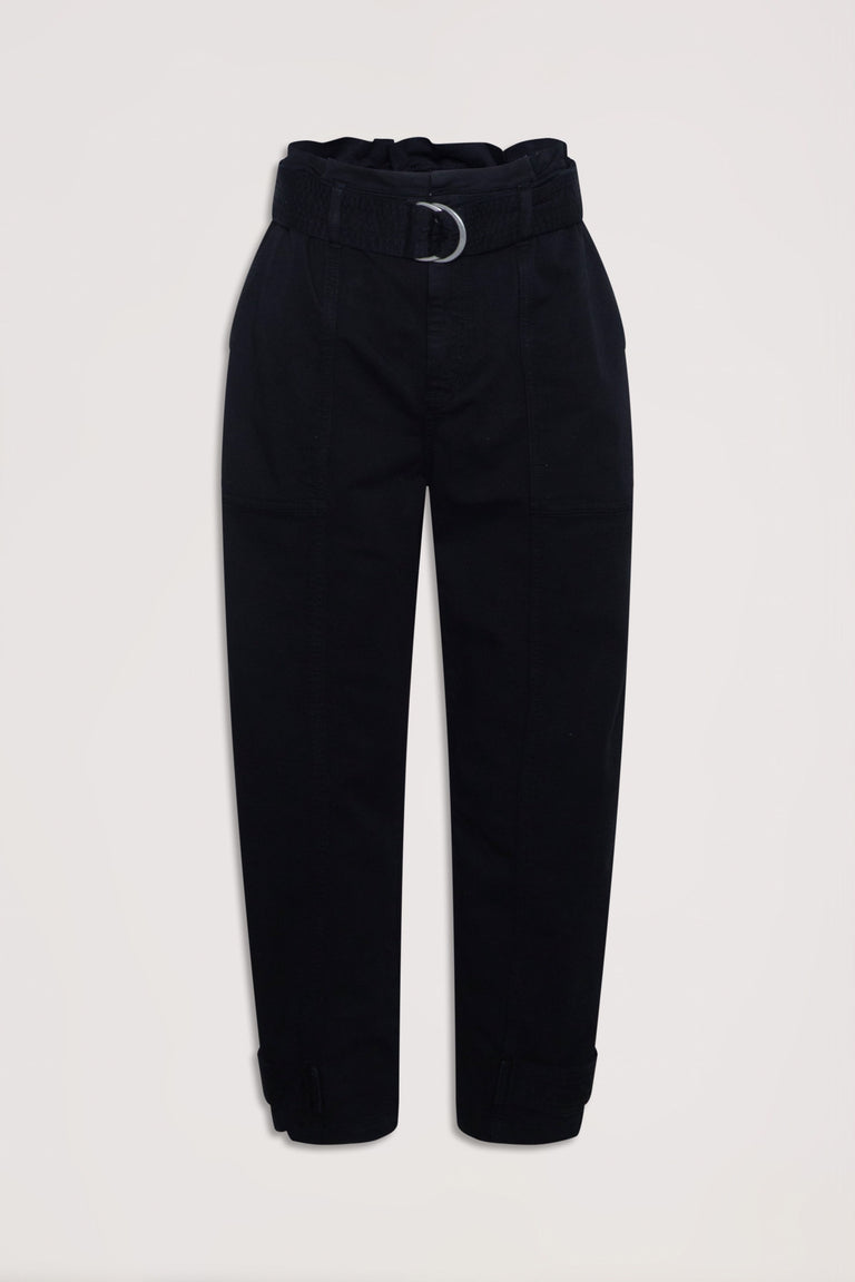 Black high-waisted pull-on pants featuring a fabric belt with metal buckle and tapered cuffs for a tailored look