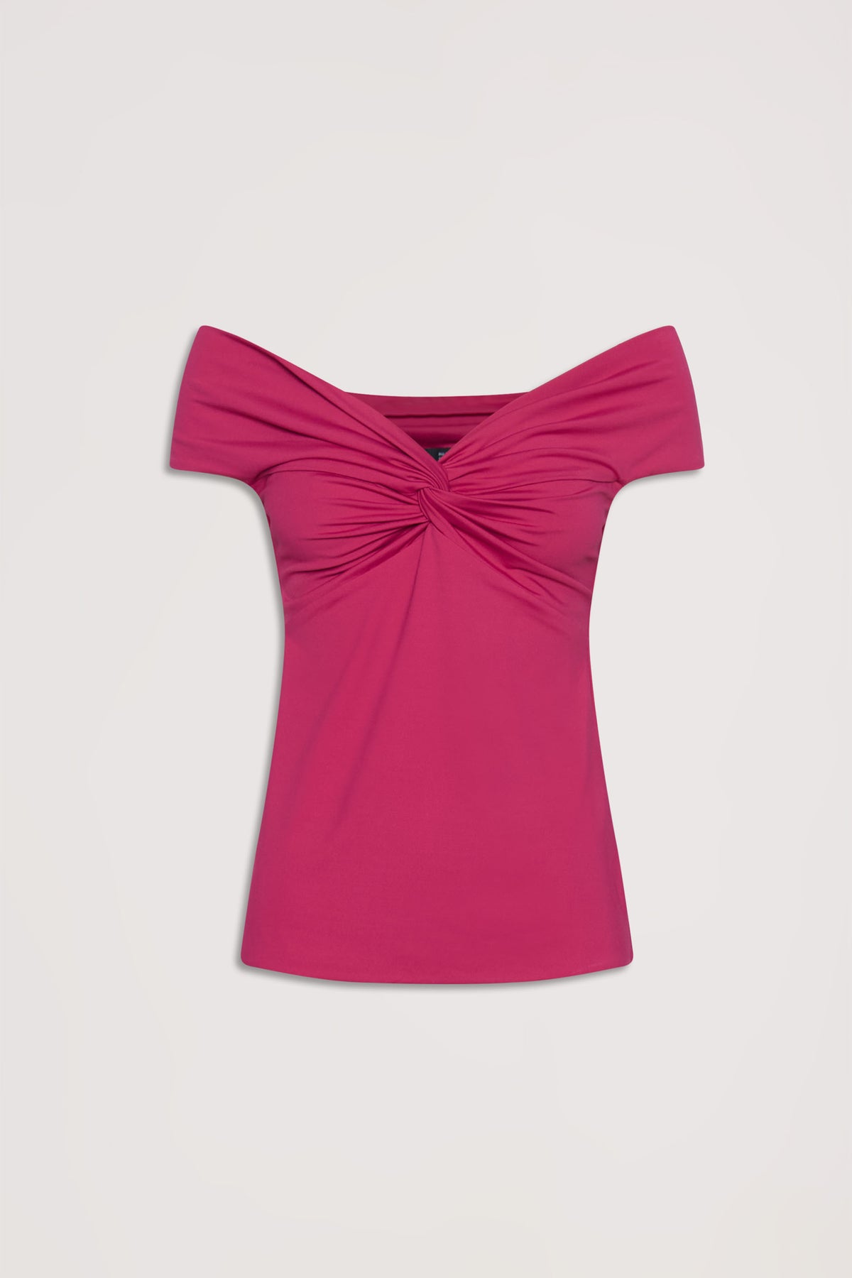 Fitted off-shoulder twist top in rich cerise with short sleeves and gathered front detail for a flattering silhouette