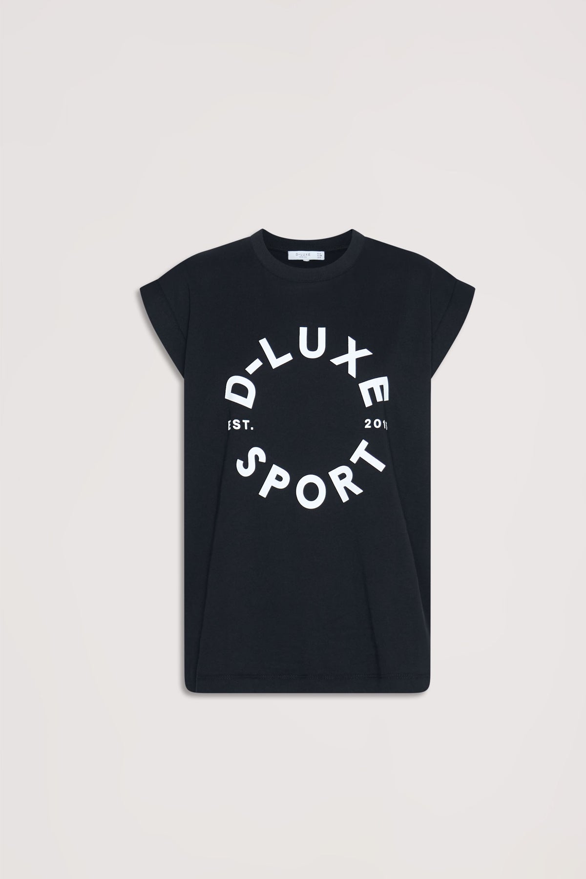 Black sleeveless tank top with rolled sleeves and white circular graphic text for a sporty casual look