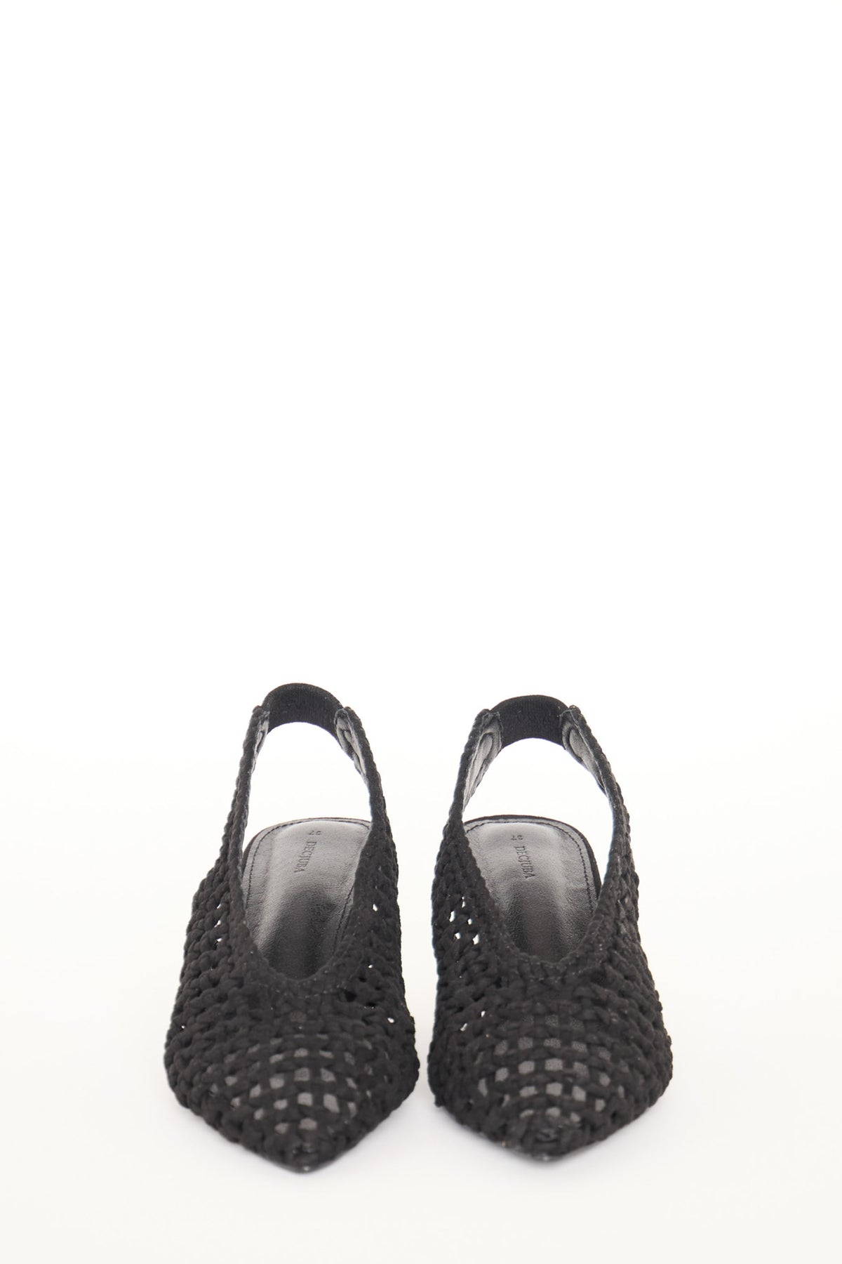 Pair of black suede pointy-toe slingback heels featuring a woven texture and low heel for elegant everyday wear