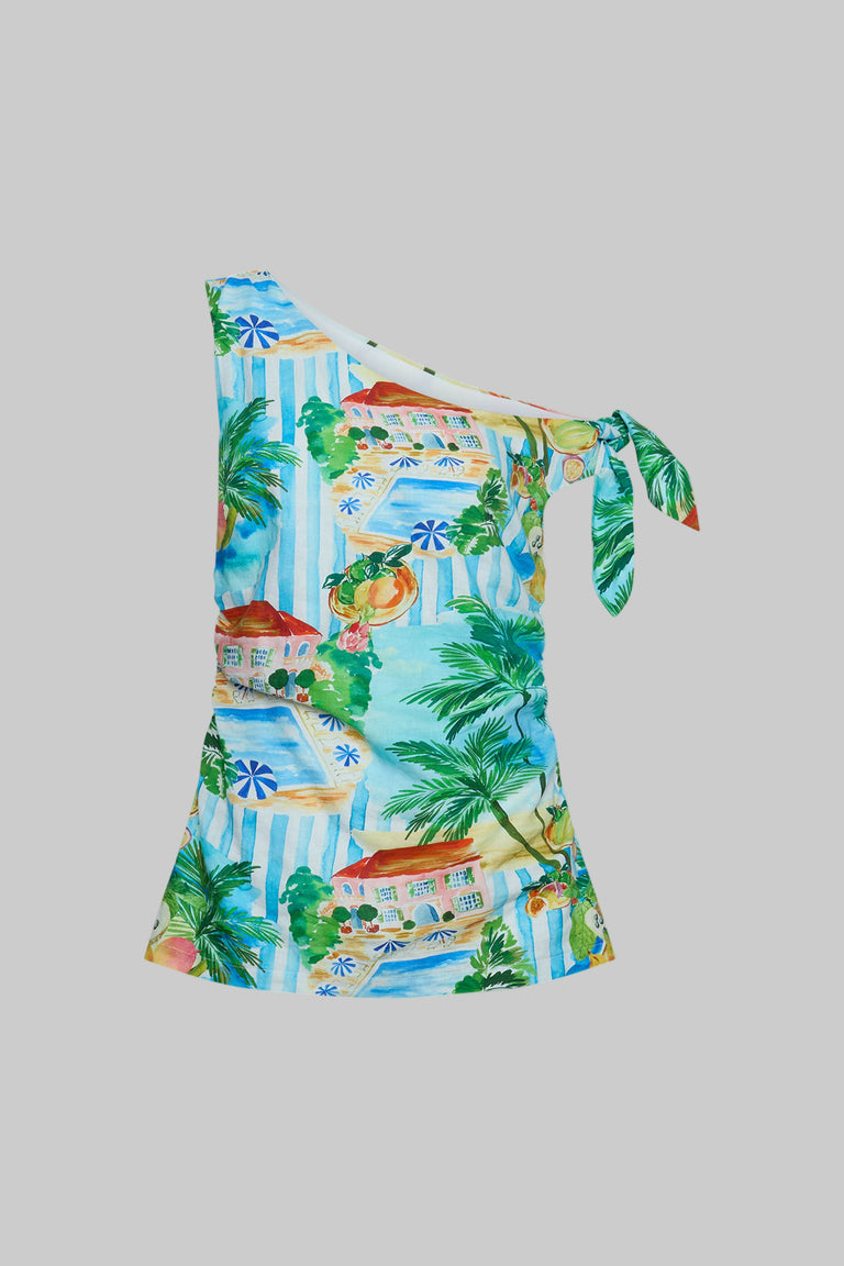 Serafina Tip Shoulder Top with tie detail, asymmetric neckline, colorful tropical print, portrait gallery image 4
