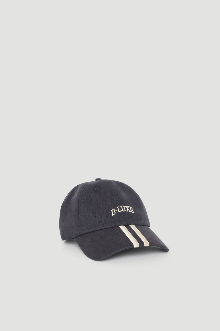 Navy blue cap with curved brim featuring cream contrast stripes and embroidered text for a casual sporty look