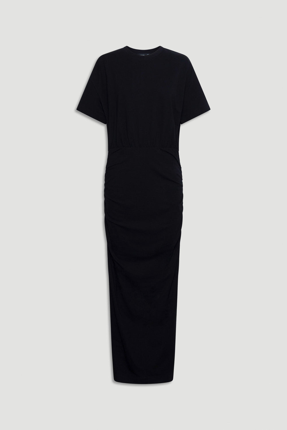 Minimalist black midi dress with short sleeves and subtle ruching detail for an elegant, effortless look.