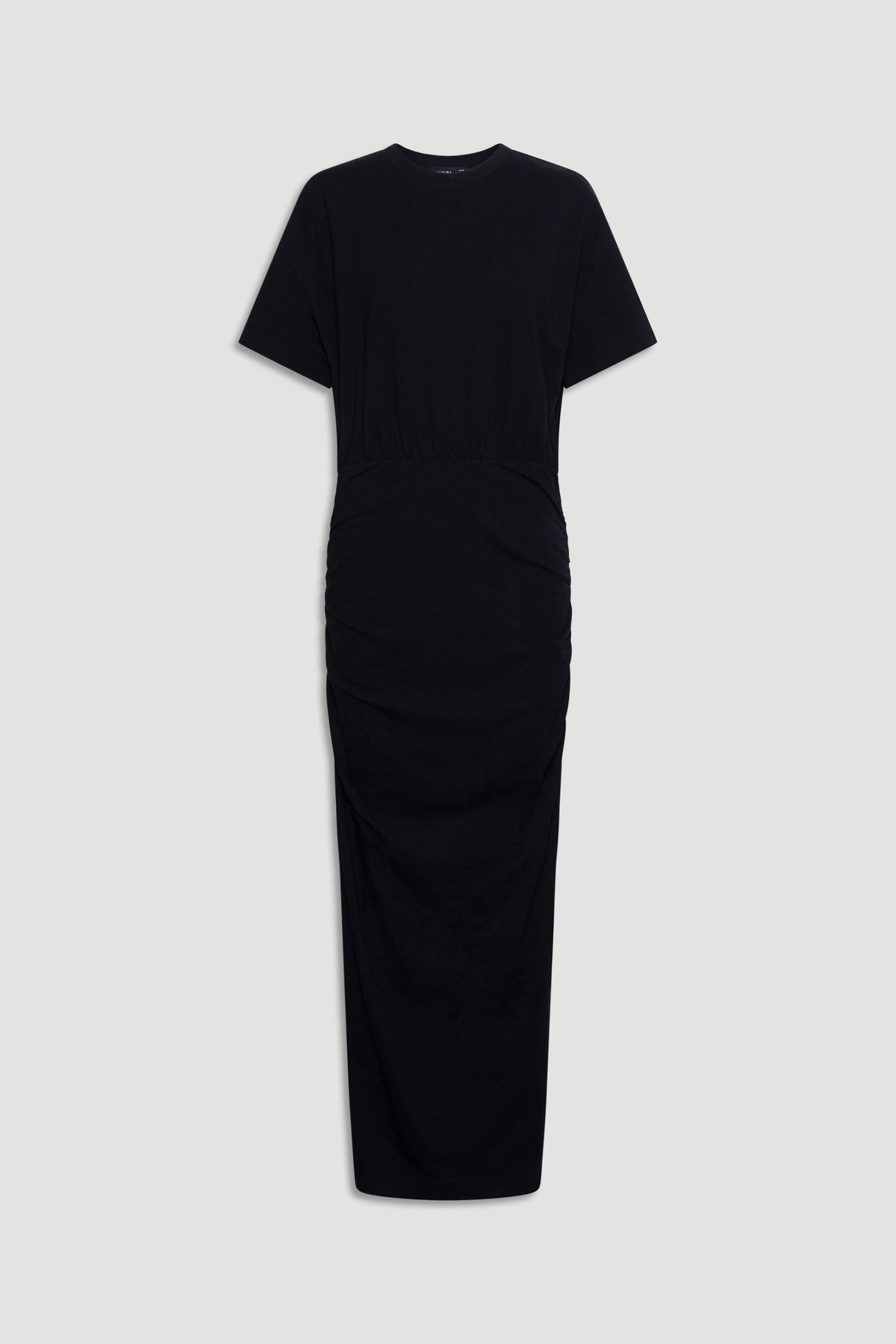 Minimalist black midi dress with short sleeves and subtle ruching detail for an elegant, effortless look.