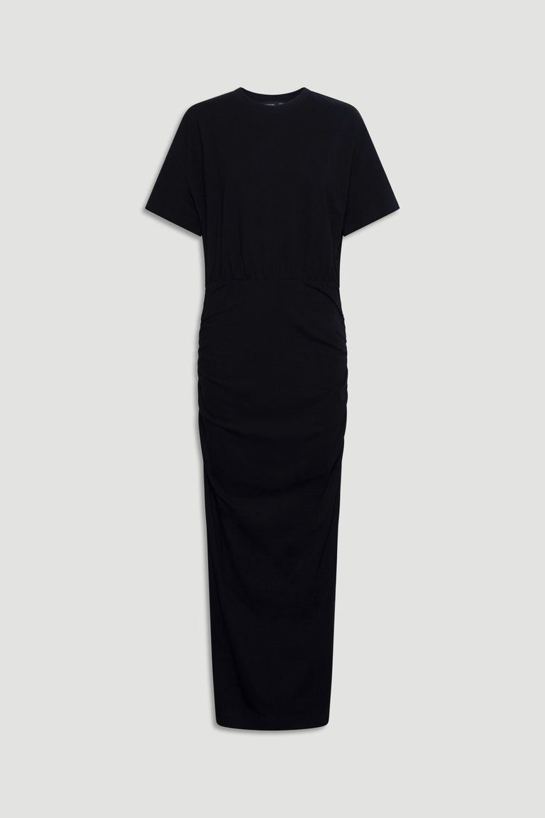 Minimalist black midi dress with short sleeves and subtle ruching detail for an elegant, effortless look.