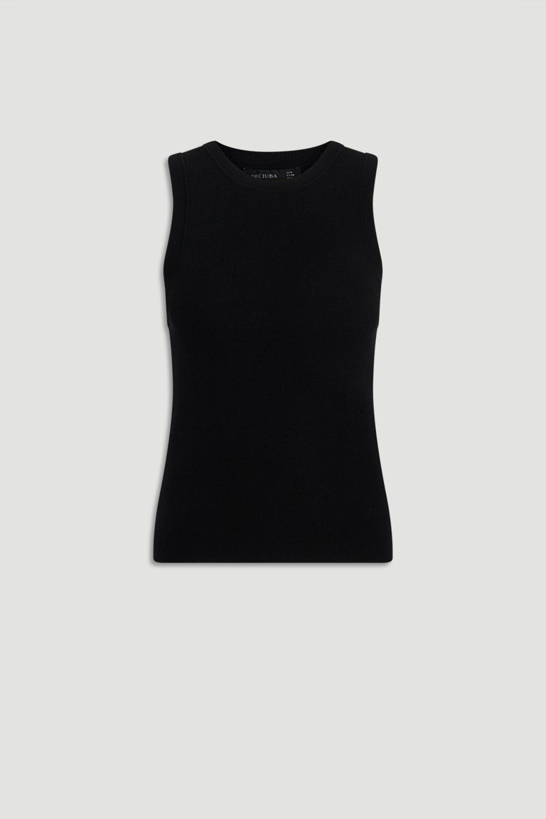 Ava Crew Neck Knit Tank in black ribbed knit with sleeveless design, a versatile womens top by DECJUBA Australian fashion brand