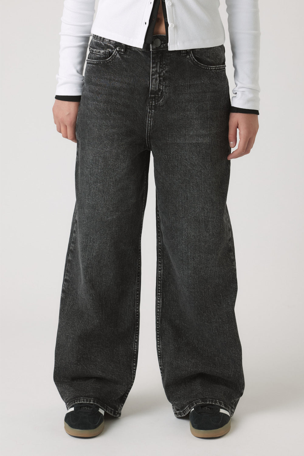 Girls Dad Baggy Jean in faded black denim with relaxed wide-leg silhouette by DECJUBA Australian fashion brand