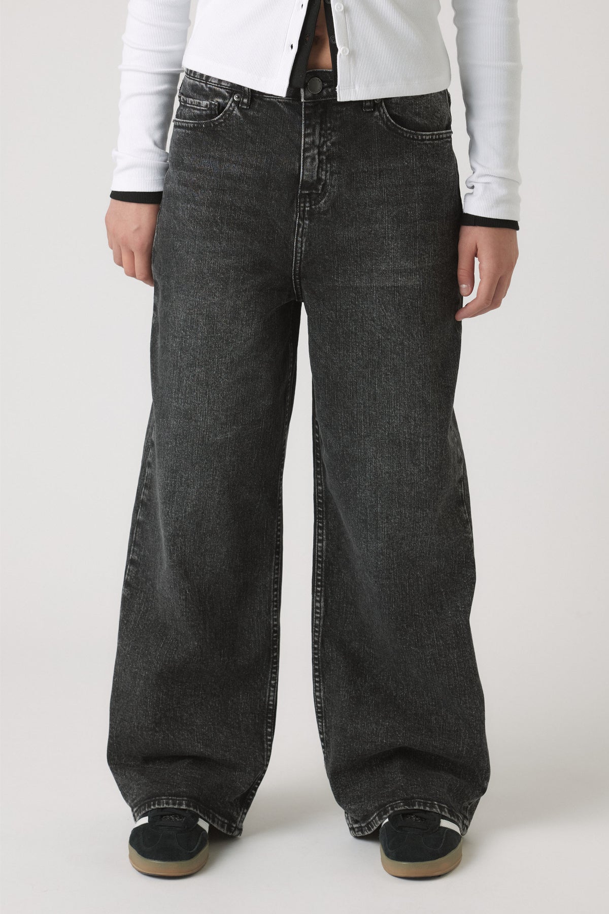Girls Dad Baggy Jean in faded black denim with relaxed wide-leg silhouette by DECJUBA Australian fashion brand