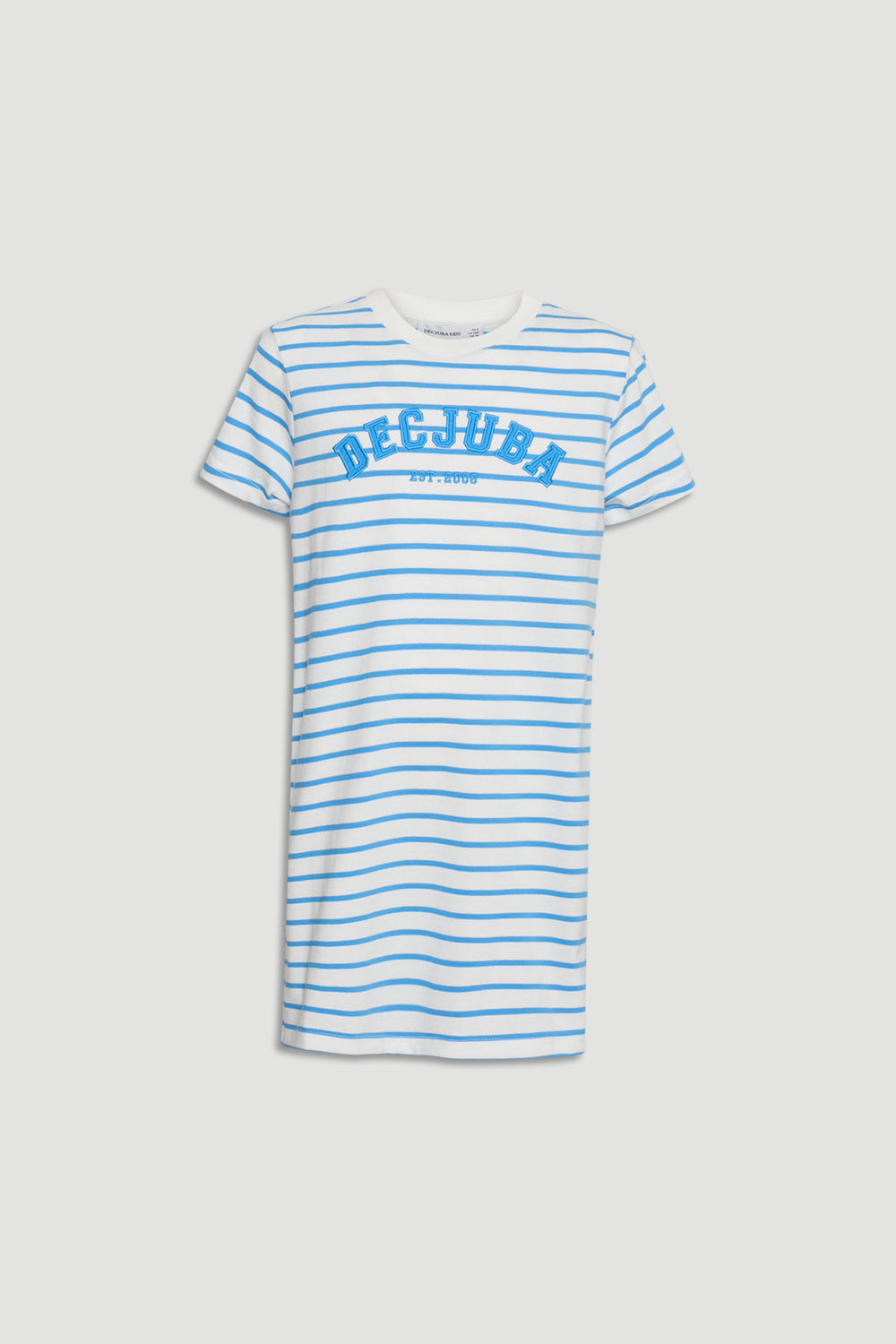 White and blue striped short sleeve rugby tee dress with casual fit and logo print across the chest