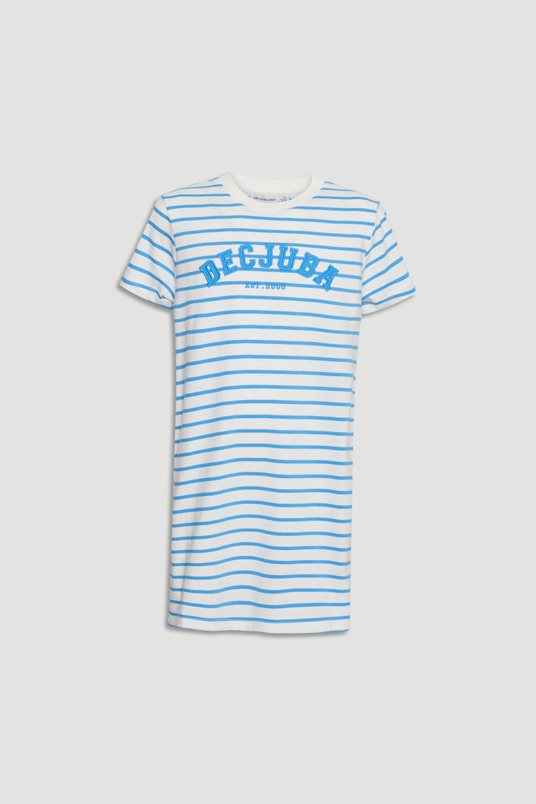 White and blue striped short sleeve rugby tee dress with casual fit and logo print across the chest