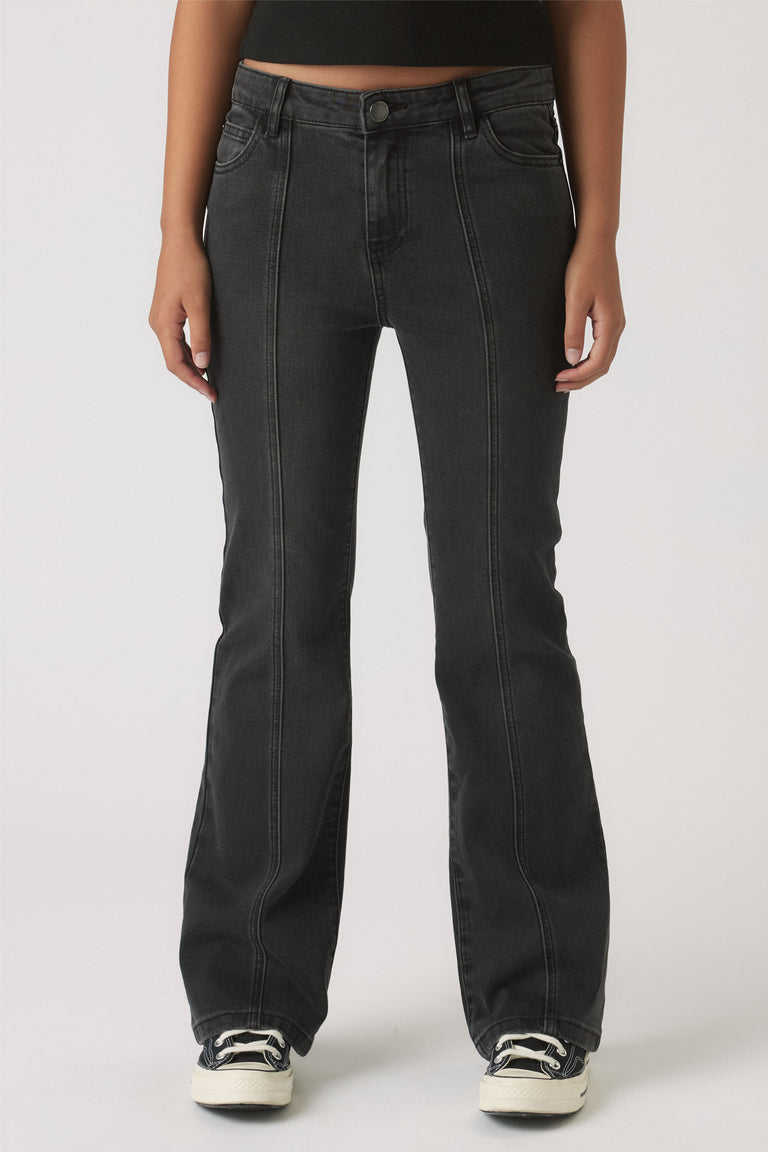 Girls Lucy Flare Jean in washed black denim with stitched detail and flattering flare leg by DECJUBA Australian fashion brand