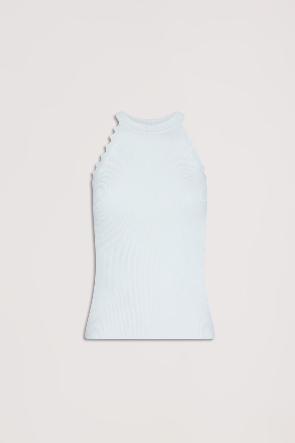 Kai Scallop Halter Tank in light blue with high neck and ribbed fabric, shown in portrait gallery position five.