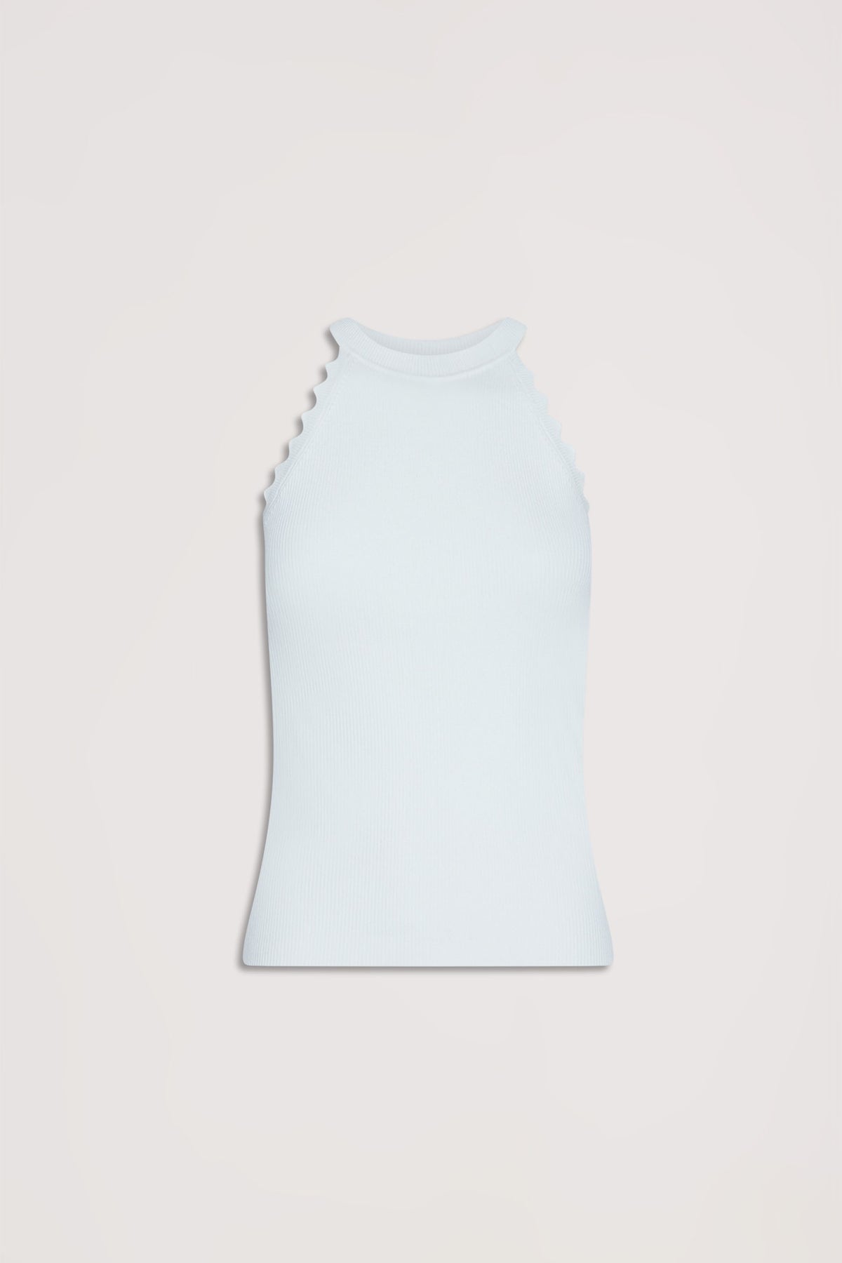 Kai Scallop Halter Tank in light blue with high neck and ribbed fabric, shown in portrait gallery position five.