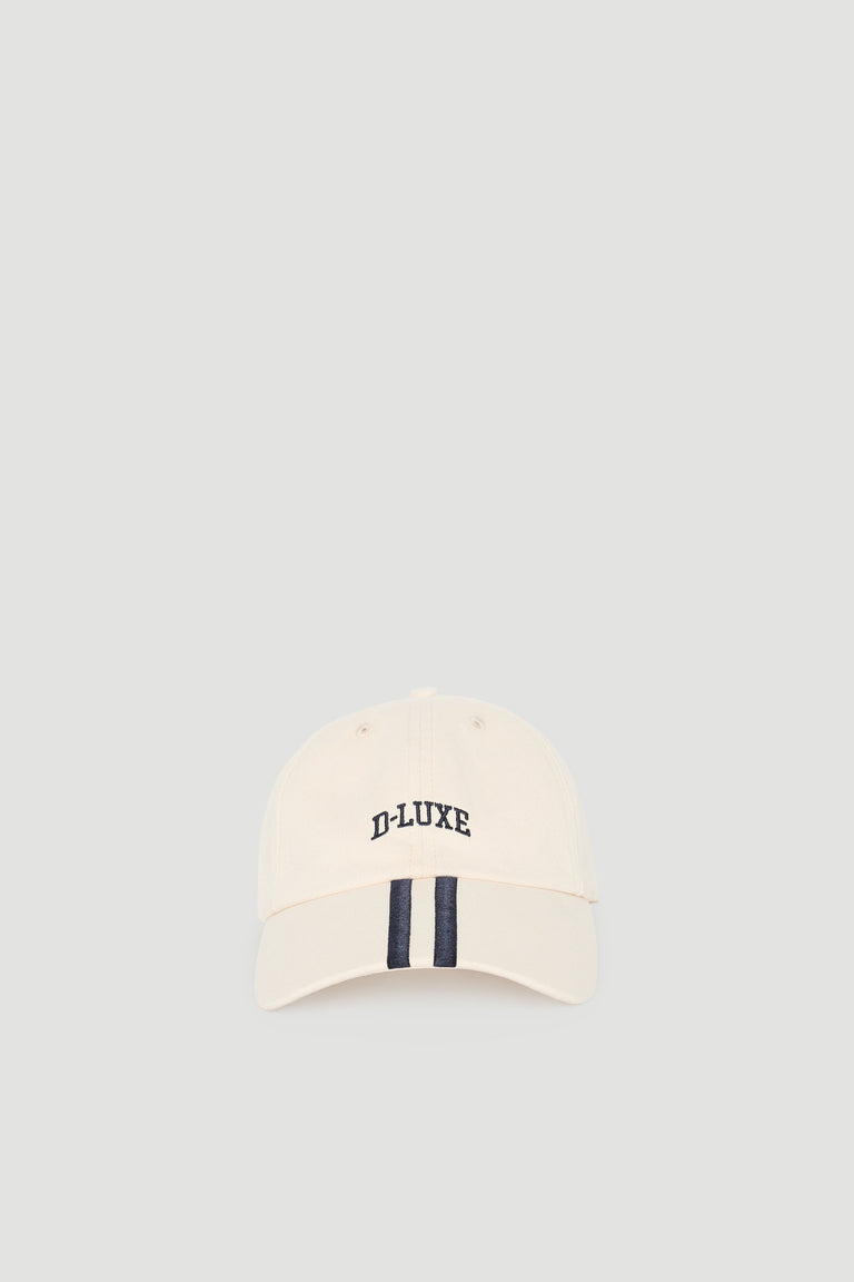 Cream-colored casual cap with navy stripe detail and embroidered D-Luxe logo for a timeless sporty look