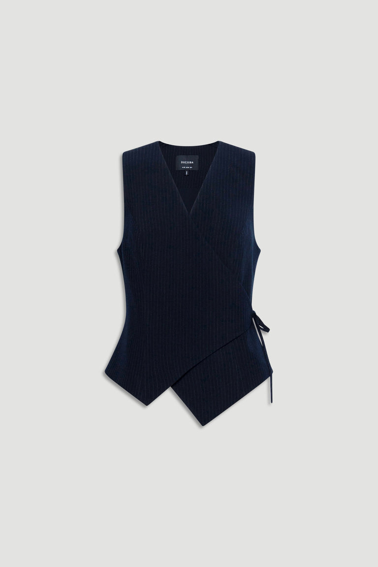 Clara Side Tie Vest in navy with a sleeveless V neckline, crossover front, and side tie detail, gallery image 4.