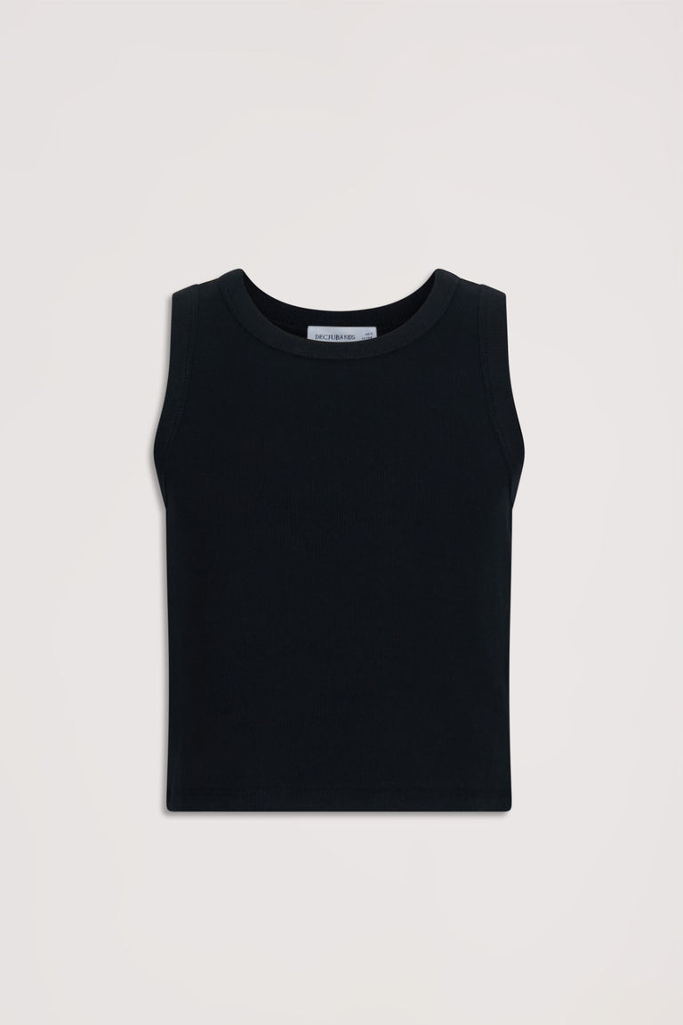 Simple black girls' tank top with a classic crew neckline, designed for comfortable everyday wear.