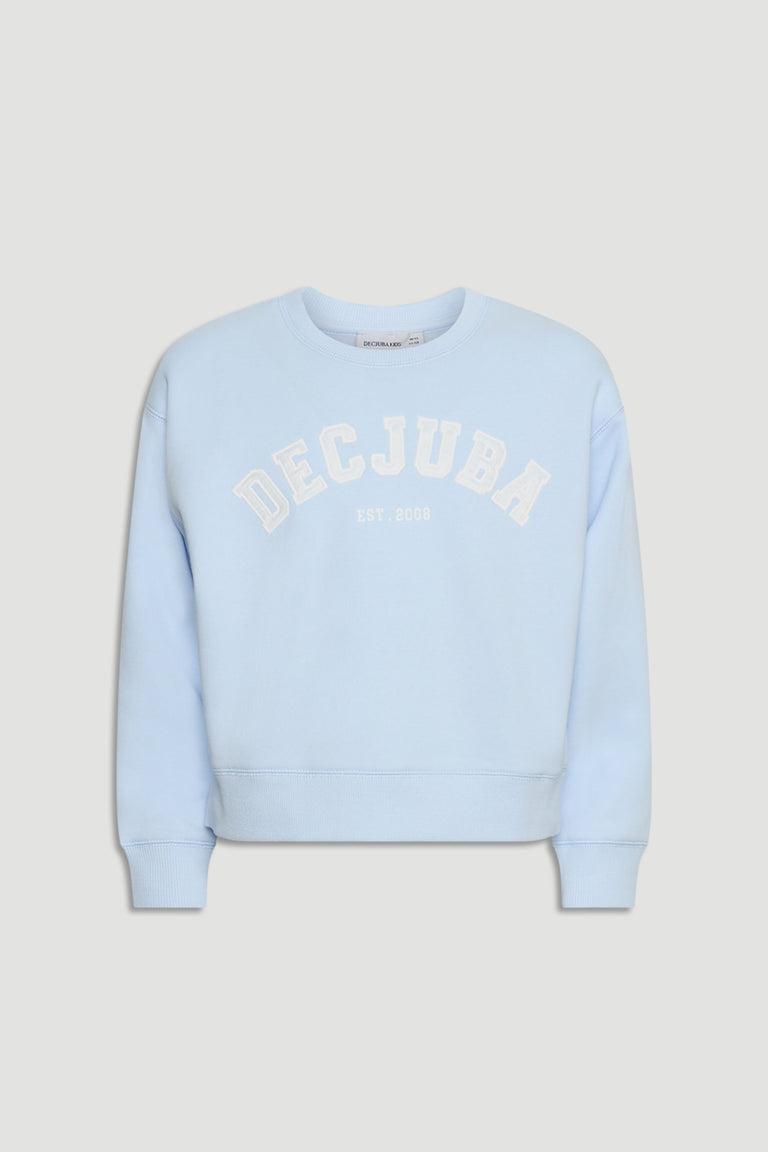 Soft pale blue girls' sweatshirt featuring a bold white logo and classic crew neckline for easy everyday style.