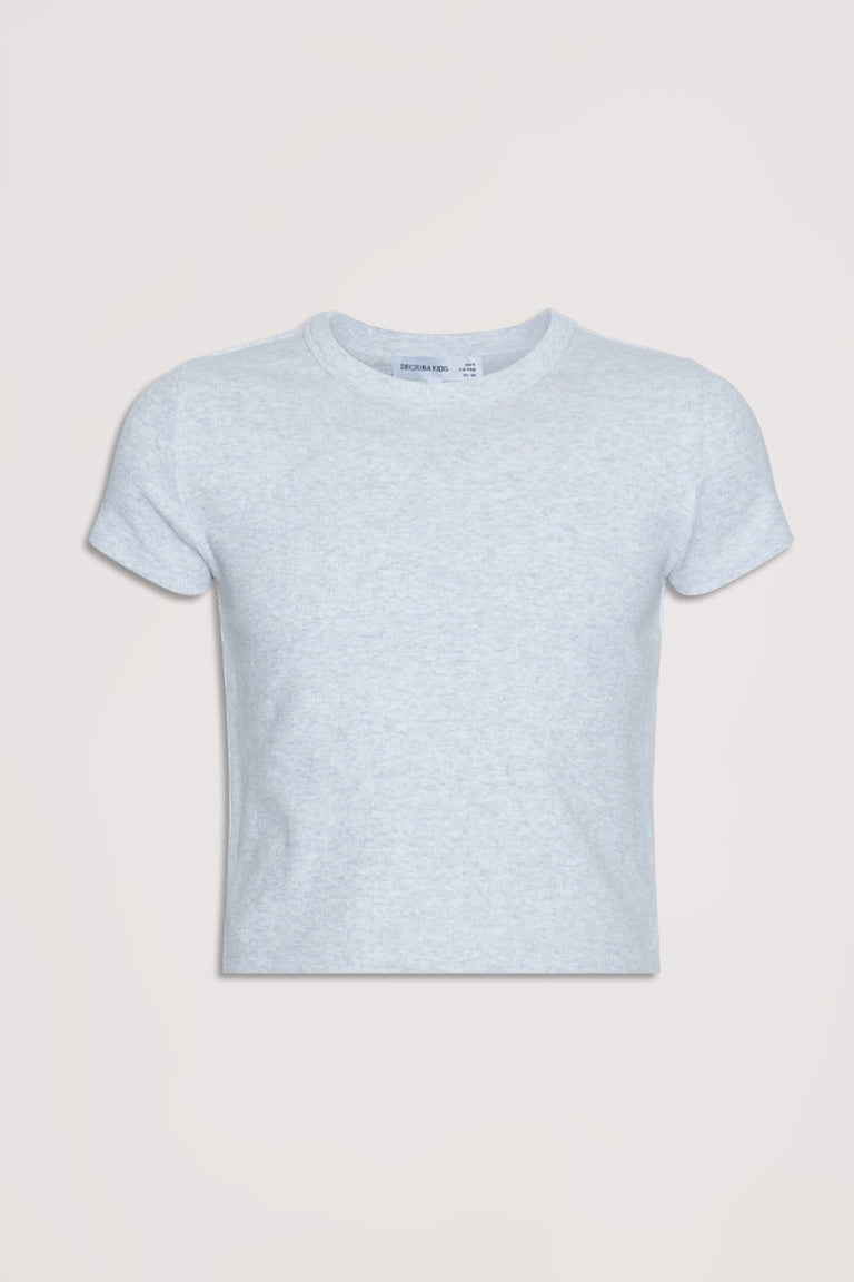 Heathered light grey girls’ crop tee with a classic crew neck and short sleeves for versatile everyday wear.