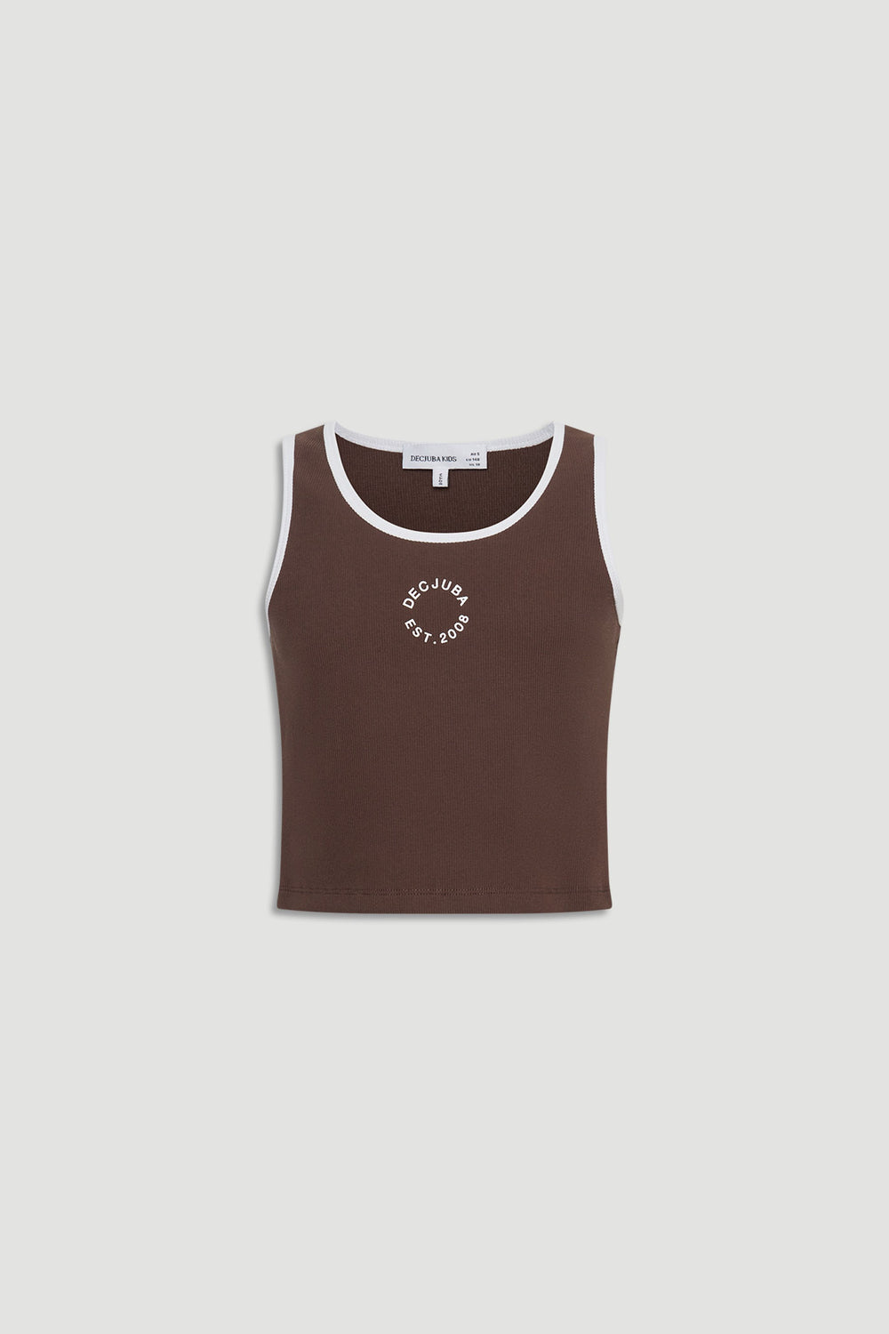 Brown cropped tank top with white trim and circular logo print for casual, comfortable everyday wear.