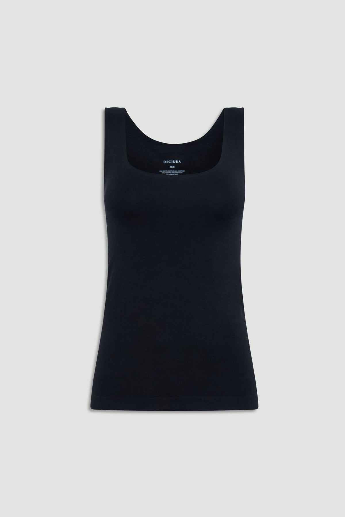 Black seamless scoop neck tank top with wide straps, designed for a smooth, comfortable fit and versatile styling.