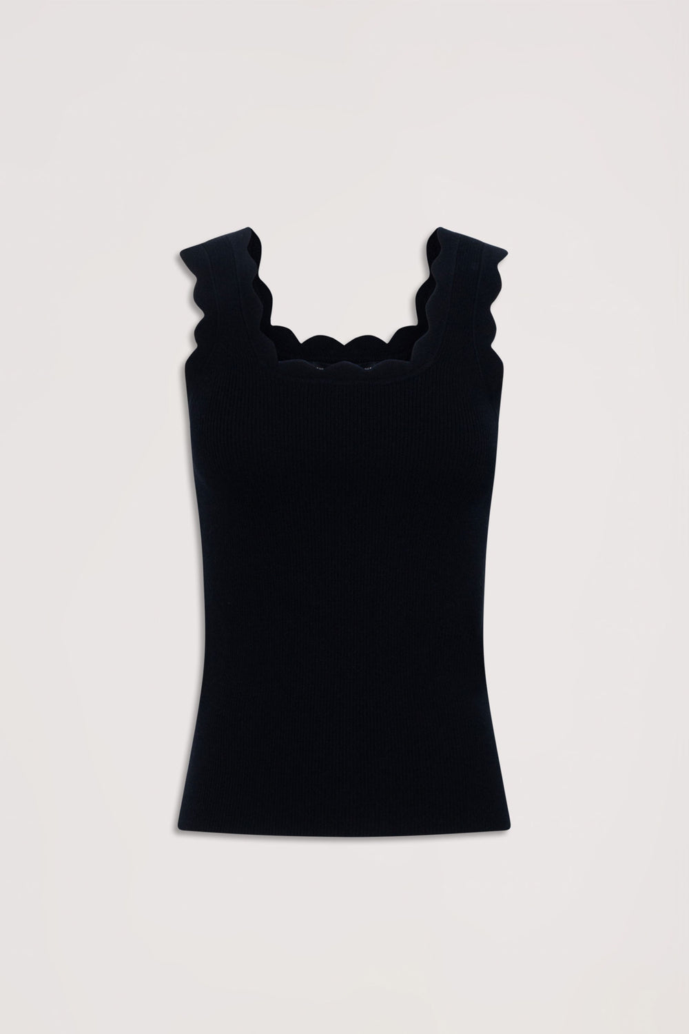 Black ribbed tank top with scalloped wide straps and square neckline, offering a neat and stylish fit.