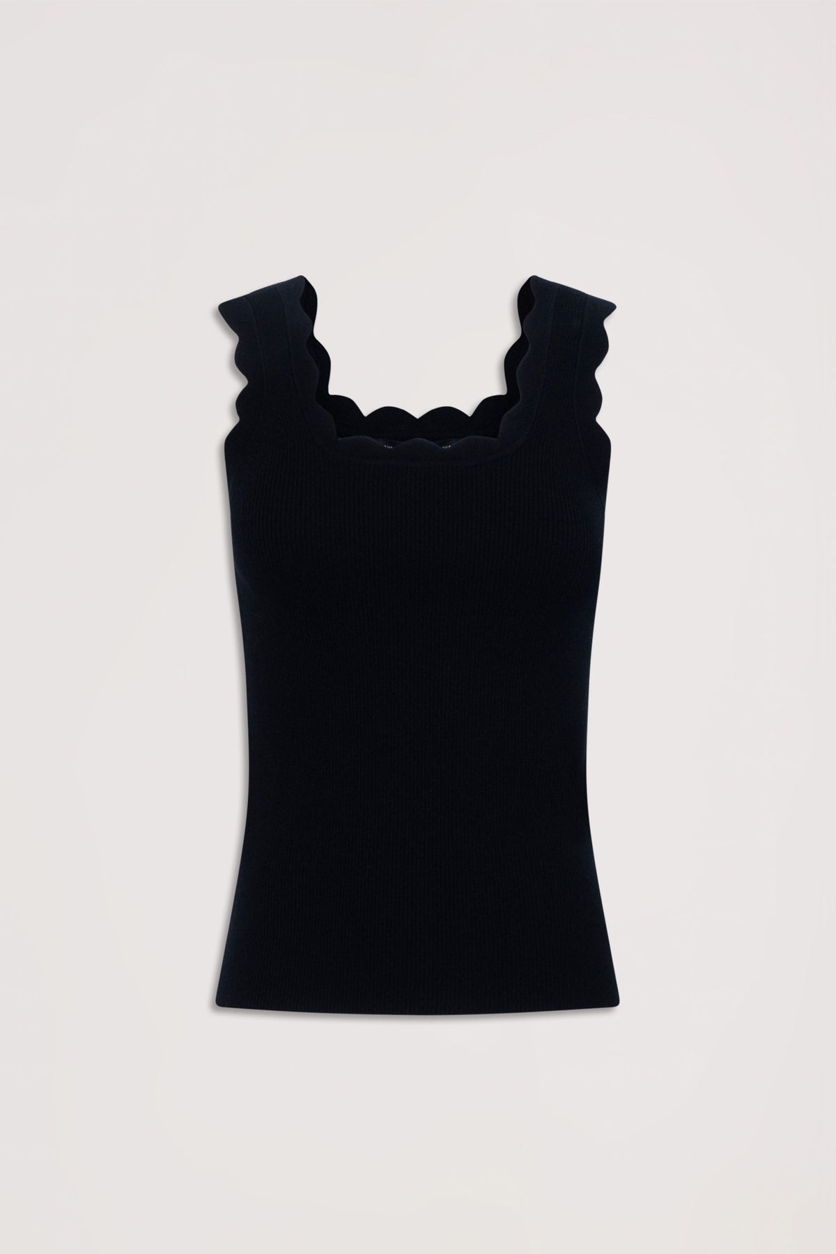 Black ribbed tank top with scalloped wide straps and square neckline, offering a neat and stylish fit.