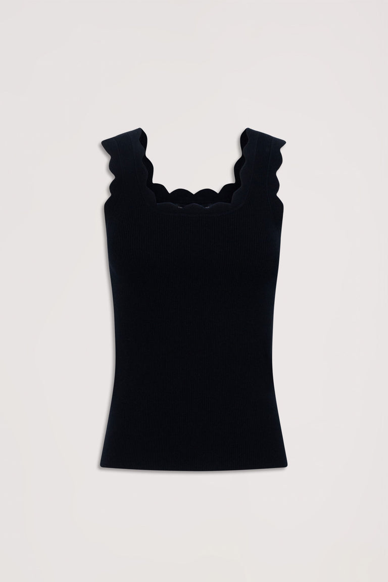 Black ribbed tank top with scalloped wide straps and square neckline, offering a neat and stylish fit.