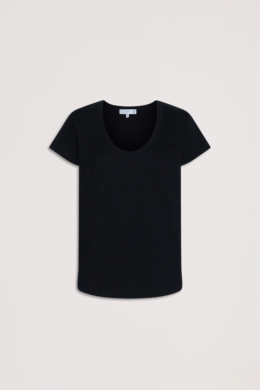 Classic black slub tee with a scoop neckline and short sleeves, designed for effortless everyday style.