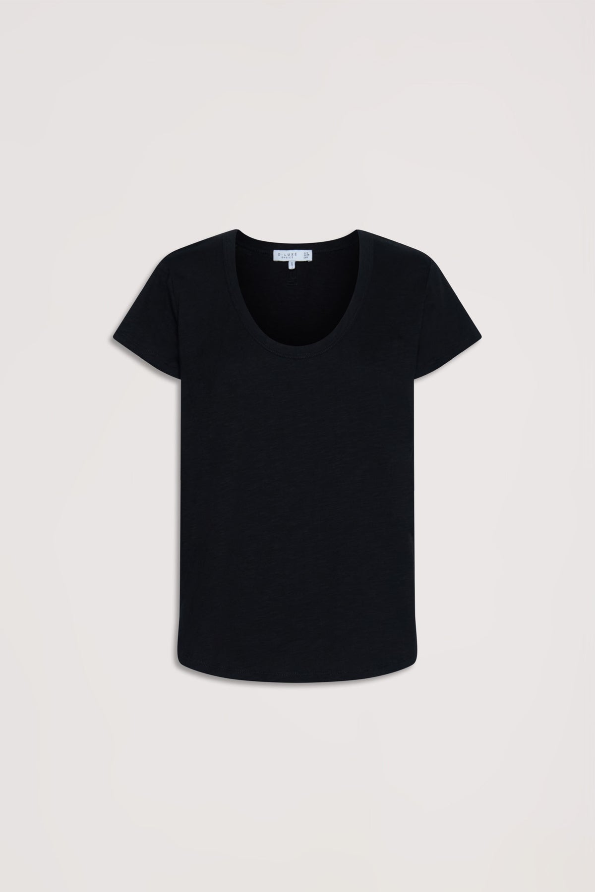 Classic black slub tee with a scoop neckline and short sleeves, designed for effortless everyday style.