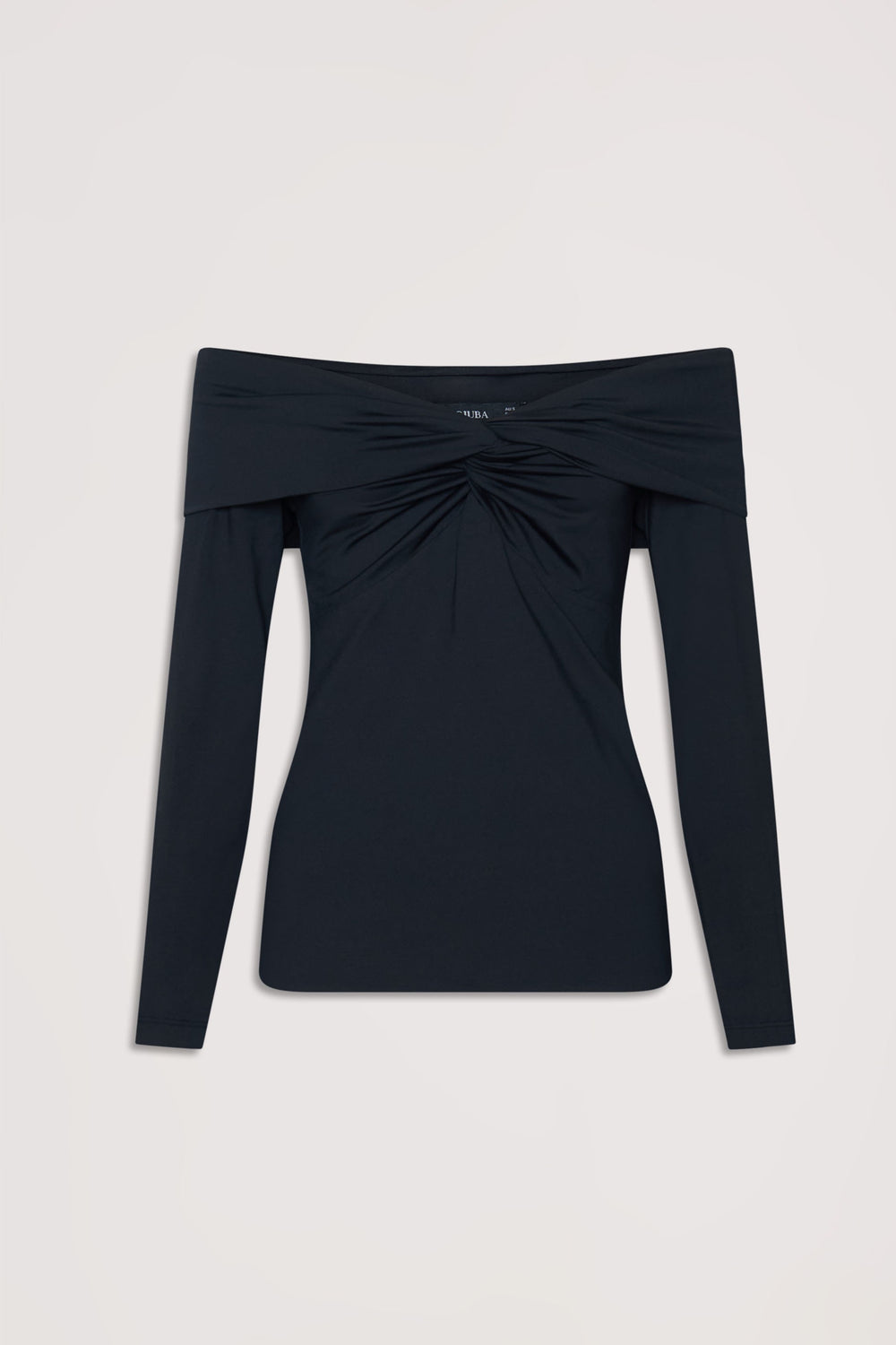 Black off-shoulder long sleeve top featuring a twisted front detail and a fitted silhouette.
