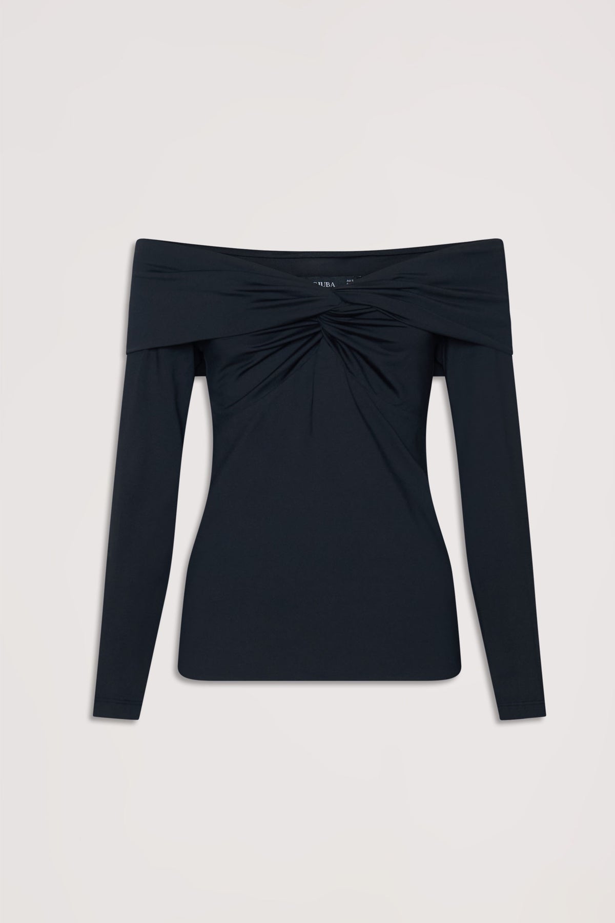 Black off-shoulder long sleeve top featuring a twisted front detail and a fitted silhouette.