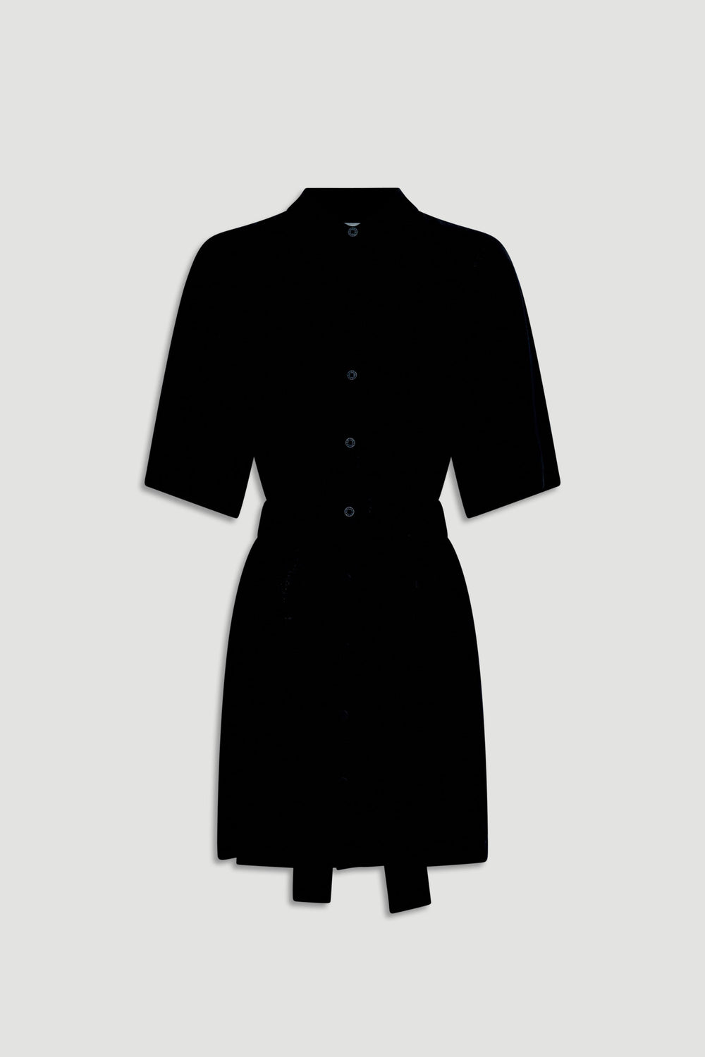 Black short dress with half sleeves, button front, and a matching tie waist for a sleek, modern look.
