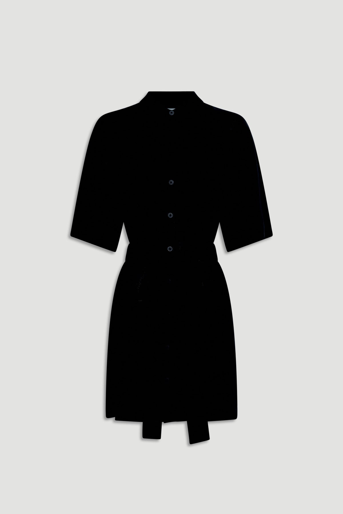 Black short dress with half sleeves, button front, and a matching tie waist for a sleek, modern look.