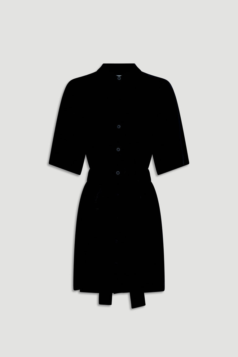 Black short dress with half sleeves, button front, and a matching tie waist for a sleek, modern look.