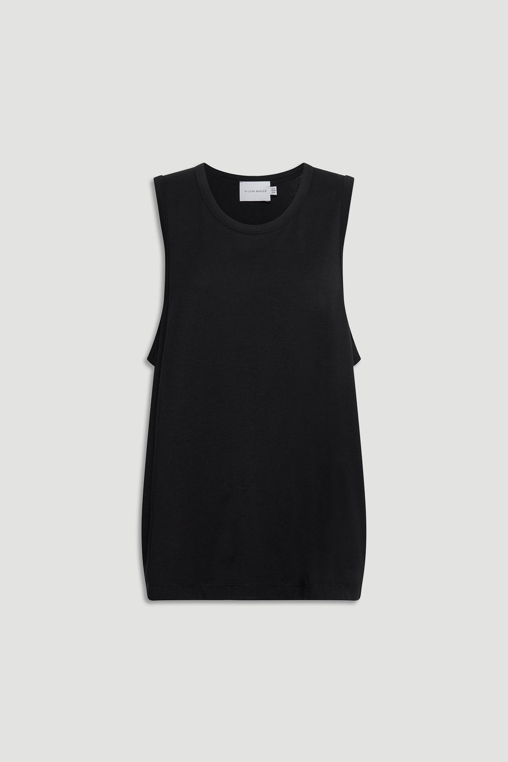 Black sleeveless D-Luxe Boyfriend Tank with a relaxed fit and a classic crew neckline on a neutral background.