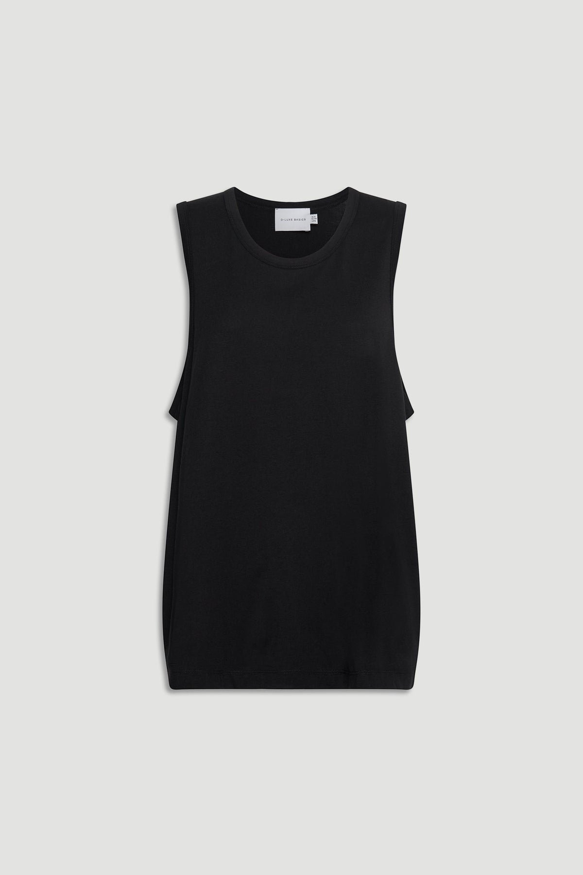 Black sleeveless D-Luxe Boyfriend Tank with a relaxed fit and a classic crew neckline on a neutral background.
