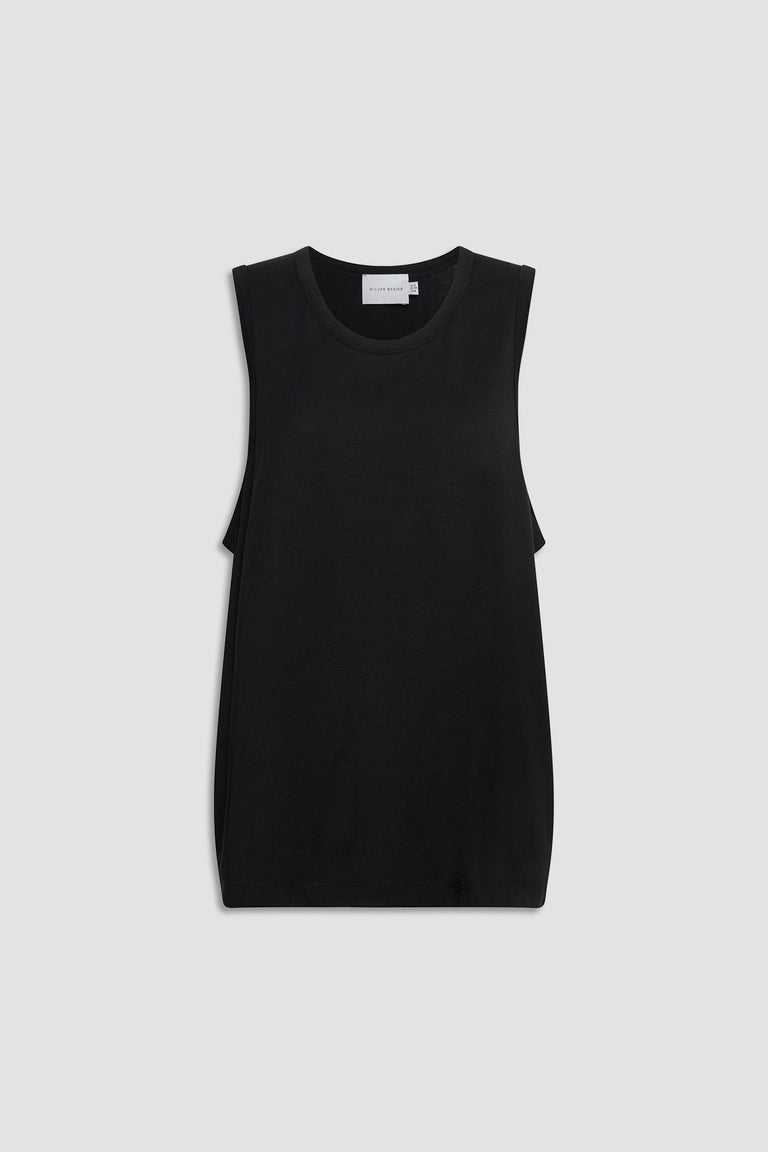 Black sleeveless D-Luxe Boyfriend Tank with a relaxed fit and a classic crew neckline on a neutral background.