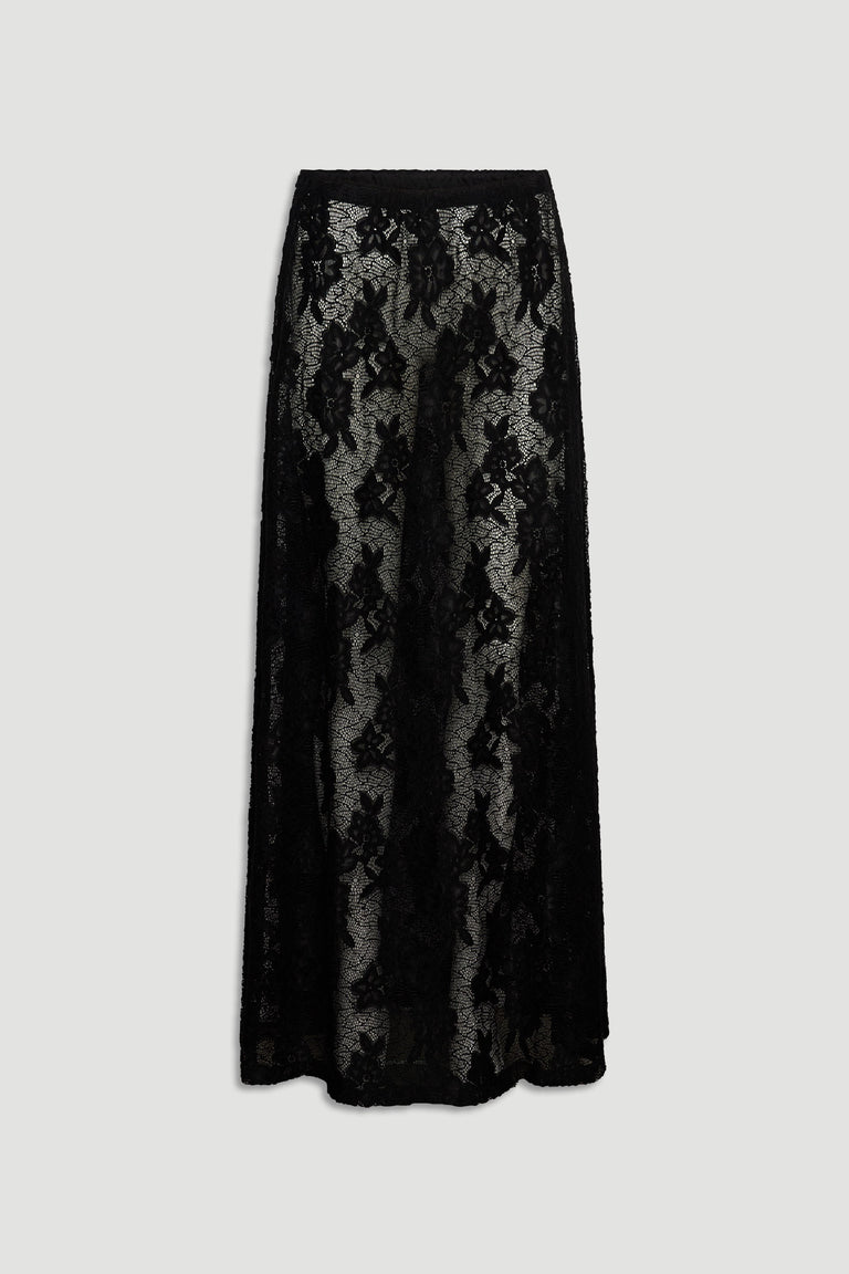 Lace Maxi Skirt in black floral lace with sheer overlay and elegant long silhouette by DECJUBA Australian fashion brand