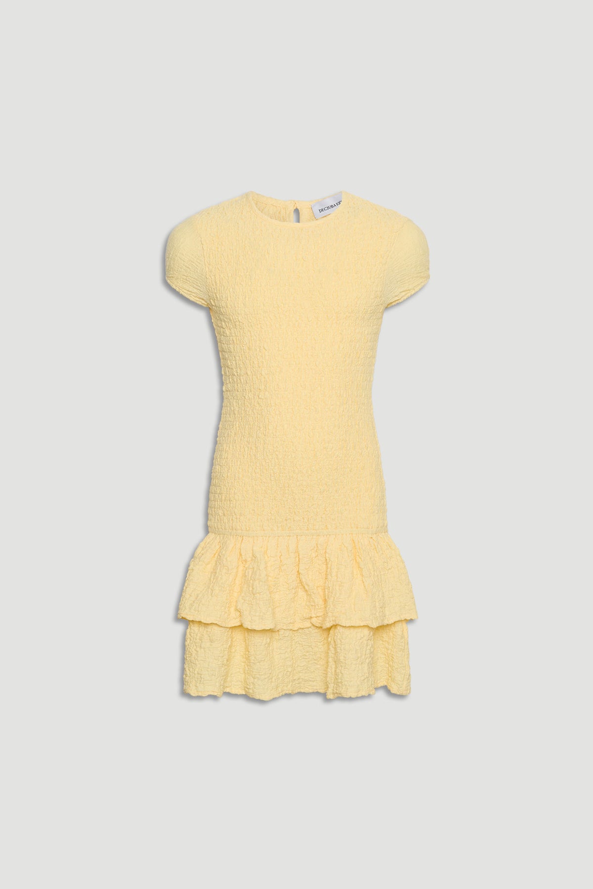 Soft yellow shirred girls dress with cap sleeves and a double-layered ruffled hem for a playful finish.