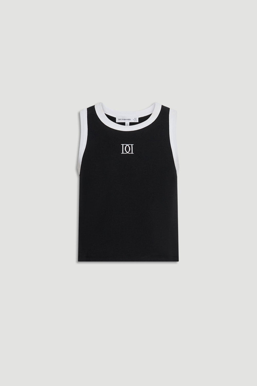 Black girls tank top with white trim and subtle monogram detail for a fresh, casual look