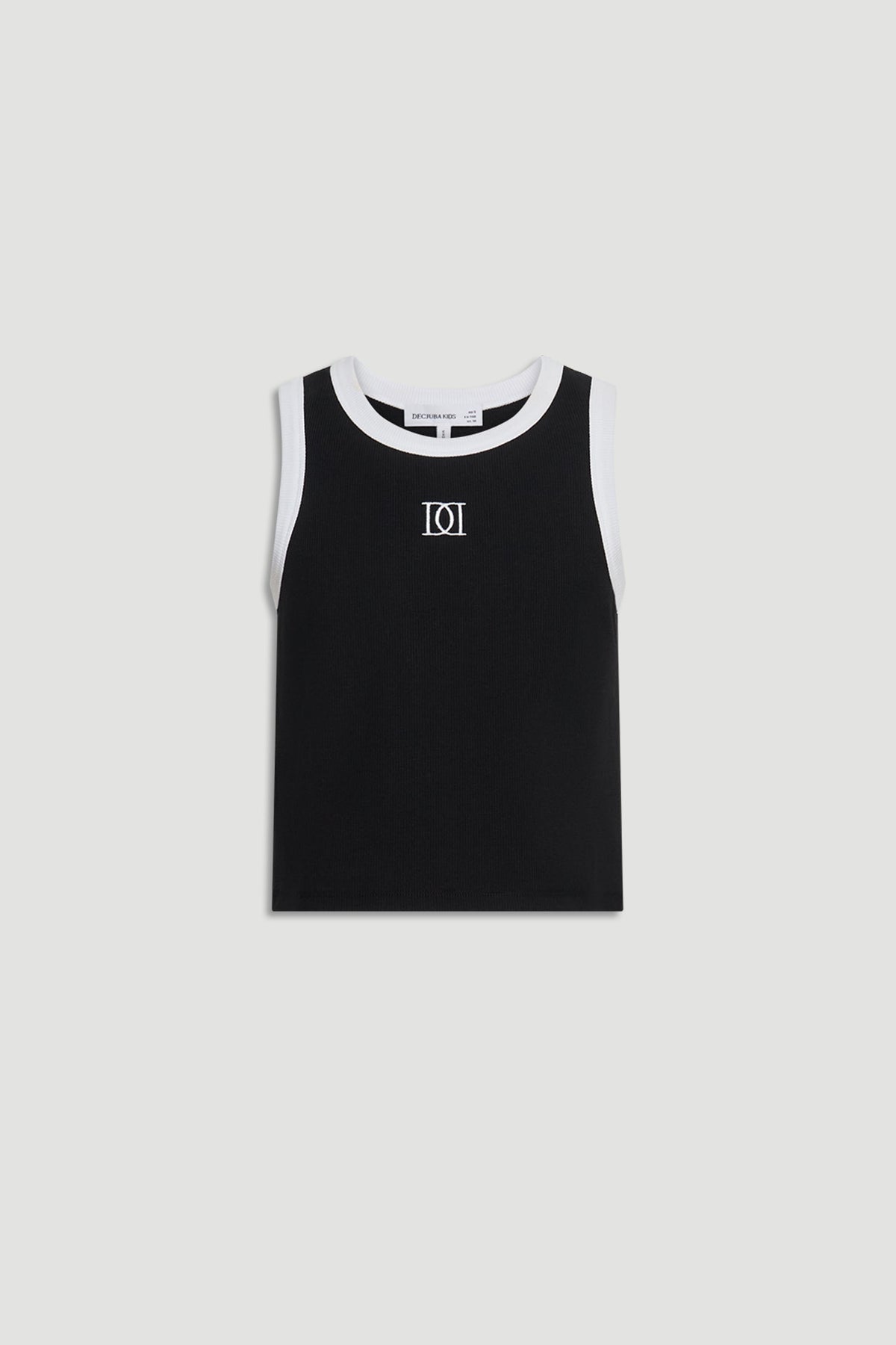 Black girls tank top with white trim and subtle monogram detail for a fresh, casual look