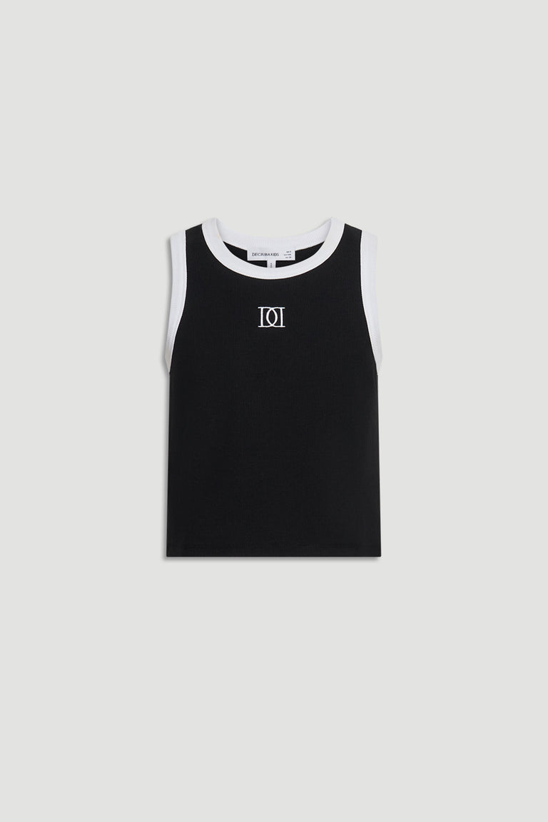 Black girls tank top with white trim and subtle monogram detail for a fresh, casual look