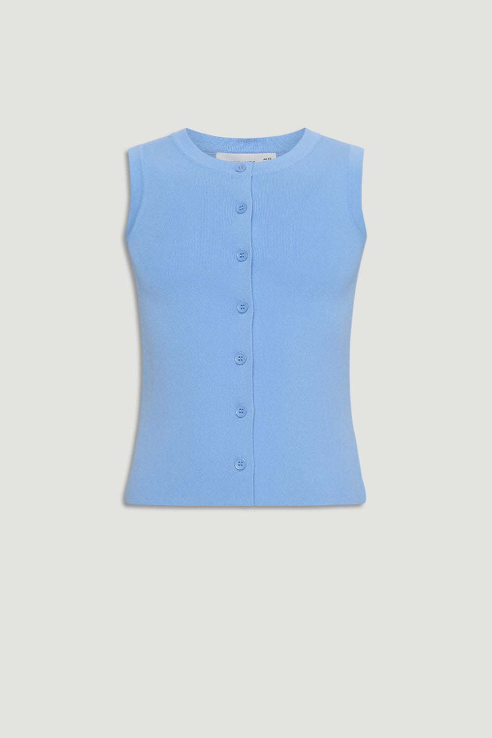 Soft blue sleeveless knit vest for girls with a round neckline and front button closure in a classic fit