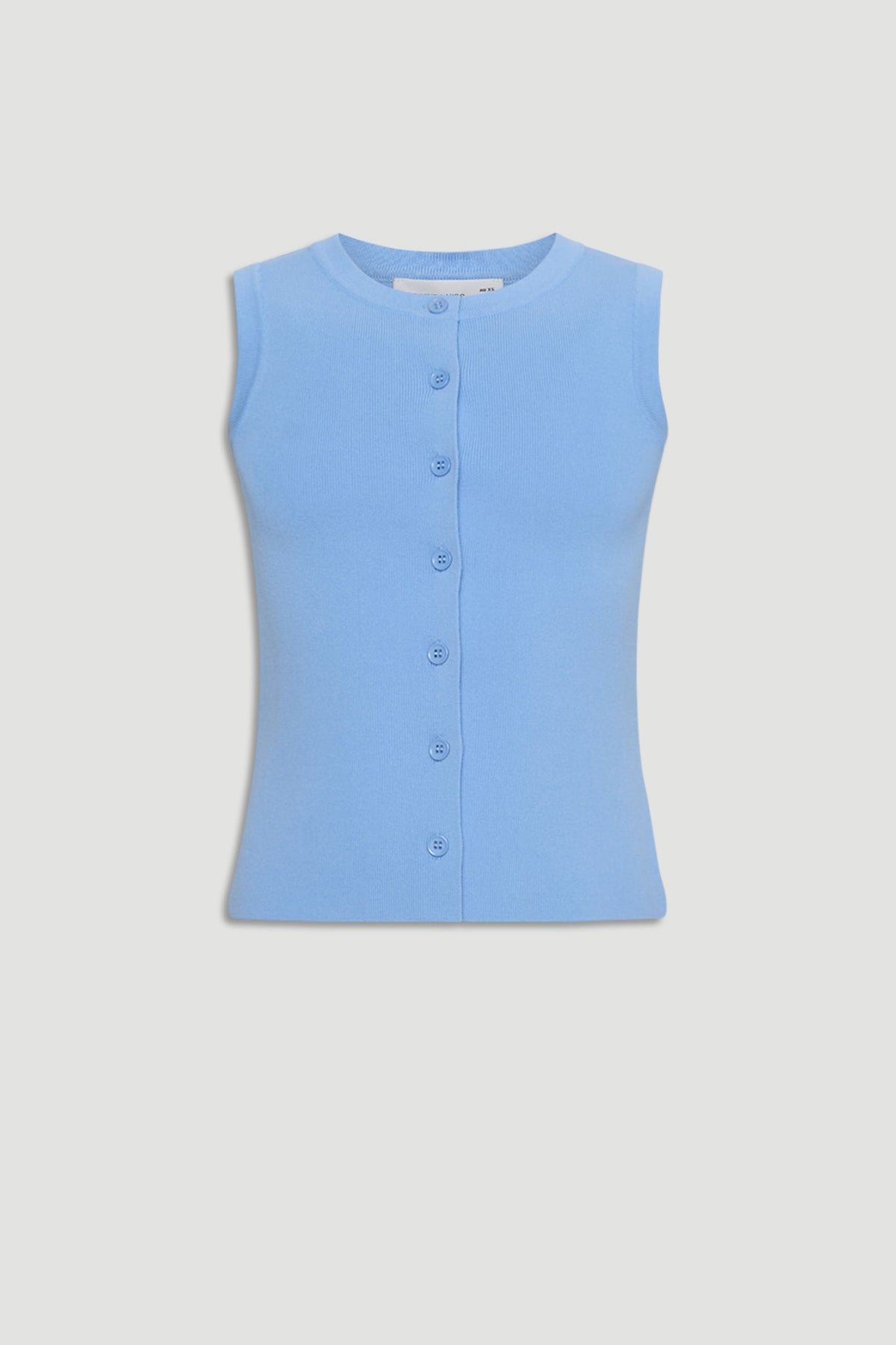 Soft blue sleeveless knit vest for girls with a round neckline and front button closure in a classic fit