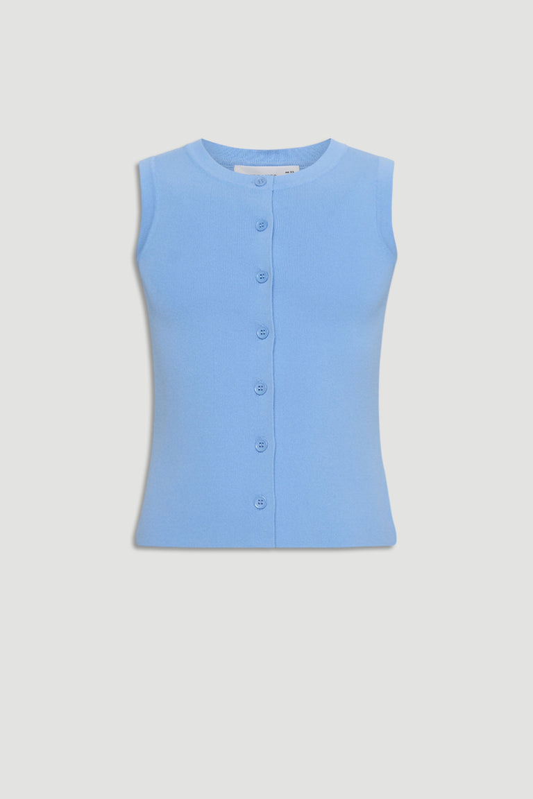 Soft blue sleeveless knit vest for girls with a round neckline and front button closure in a classic fit